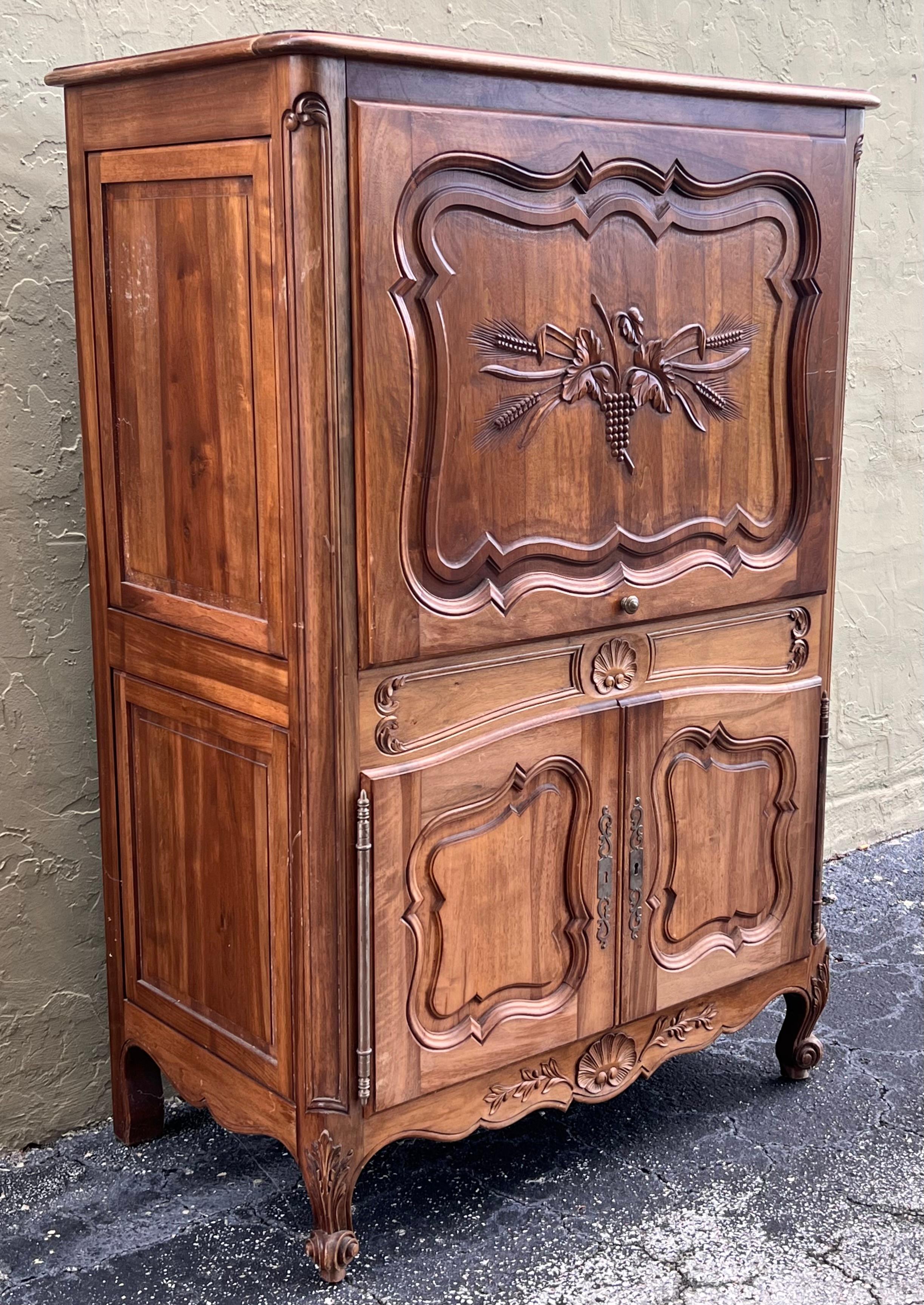 Spanish Colonial Spanish Fall-Front Secretary Desk in Carved Oak, Spain, circa 1950 For Sale