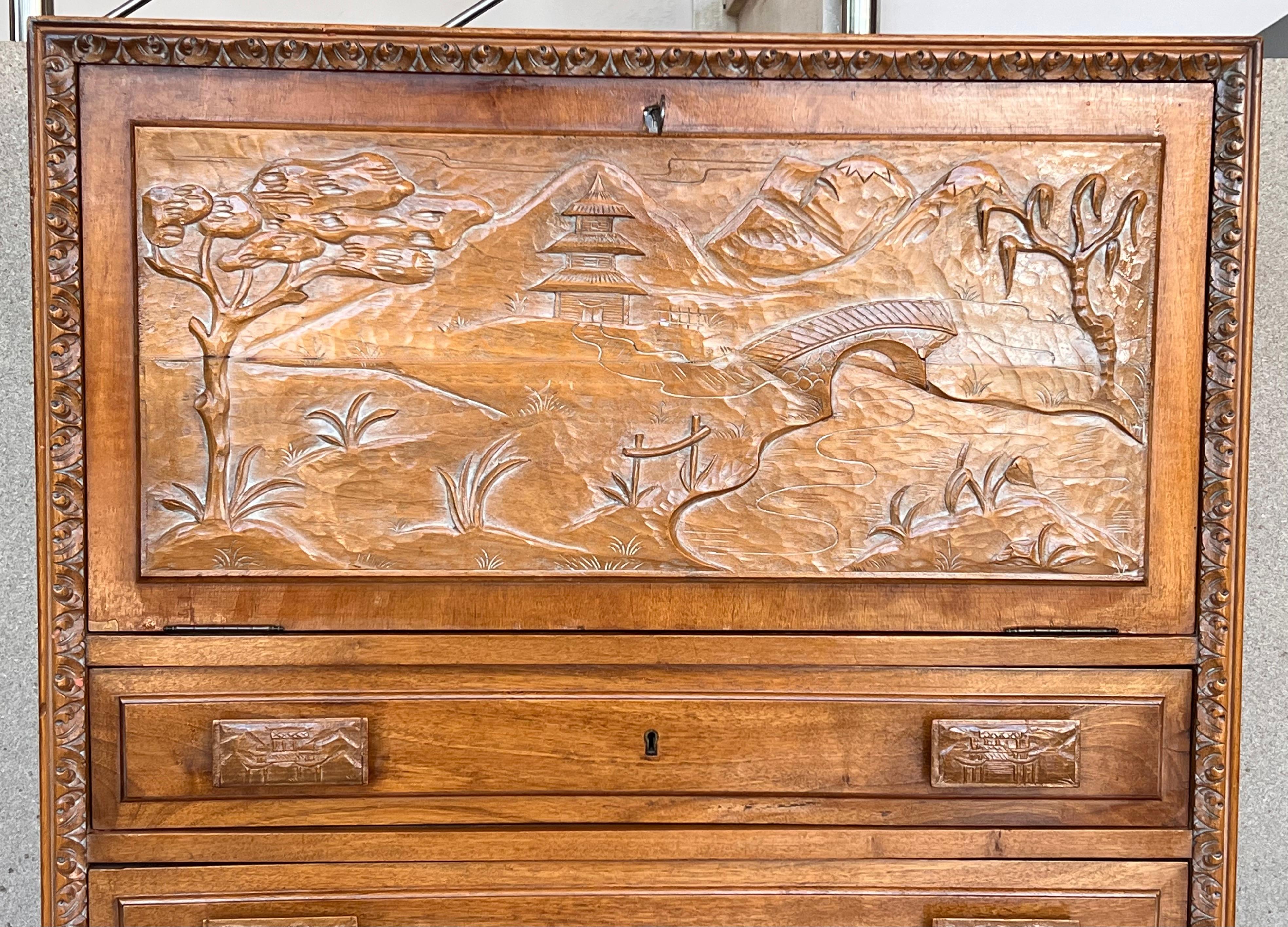 Spanish Fall-Front Secretary Desk in Carved Oak, Spain, circa 1950 For Sale 1