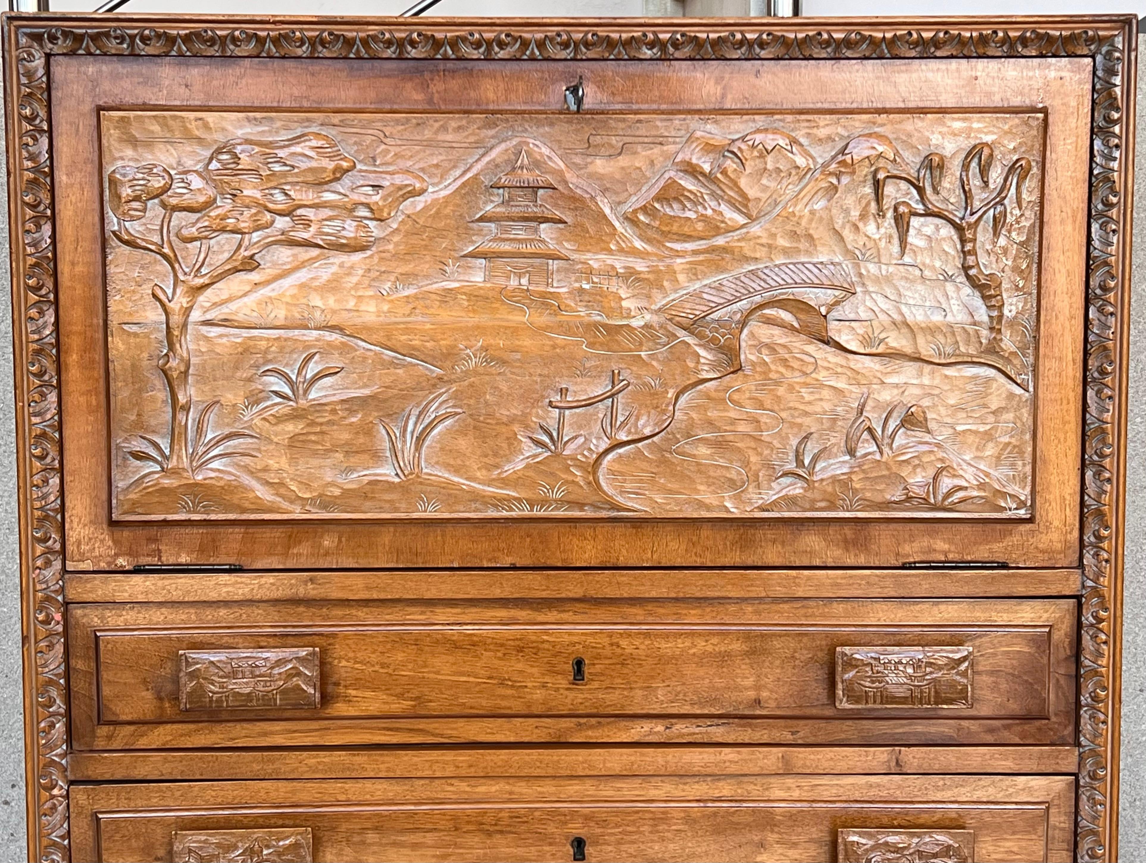 Spanish Fall-Front Secretary Desk in Carved Oak, Spain, circa 1950 For Sale 2