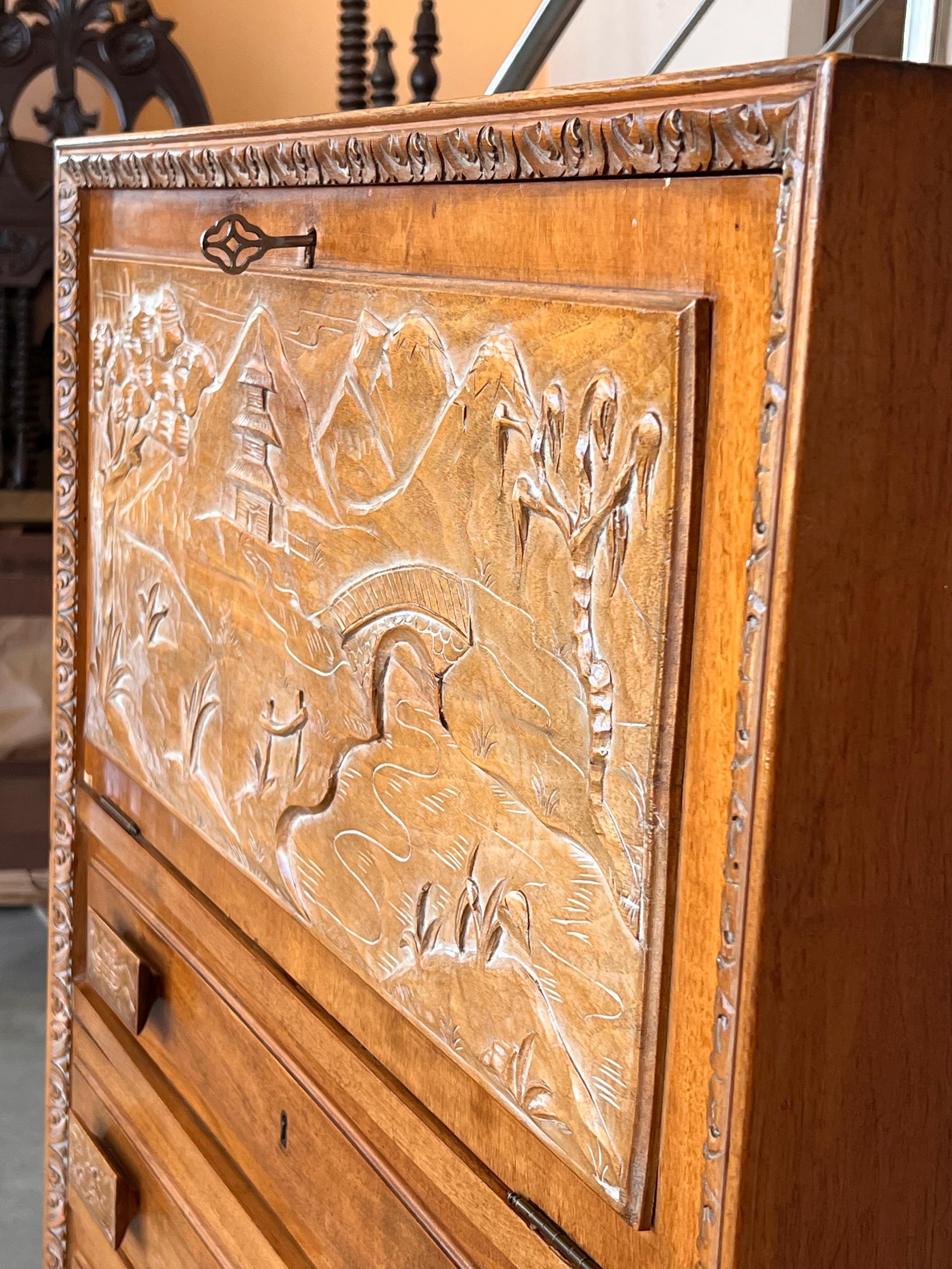 Spanish Fall-Front Secretary Desk in Carved Oak, Spain, circa 1950 For Sale 3