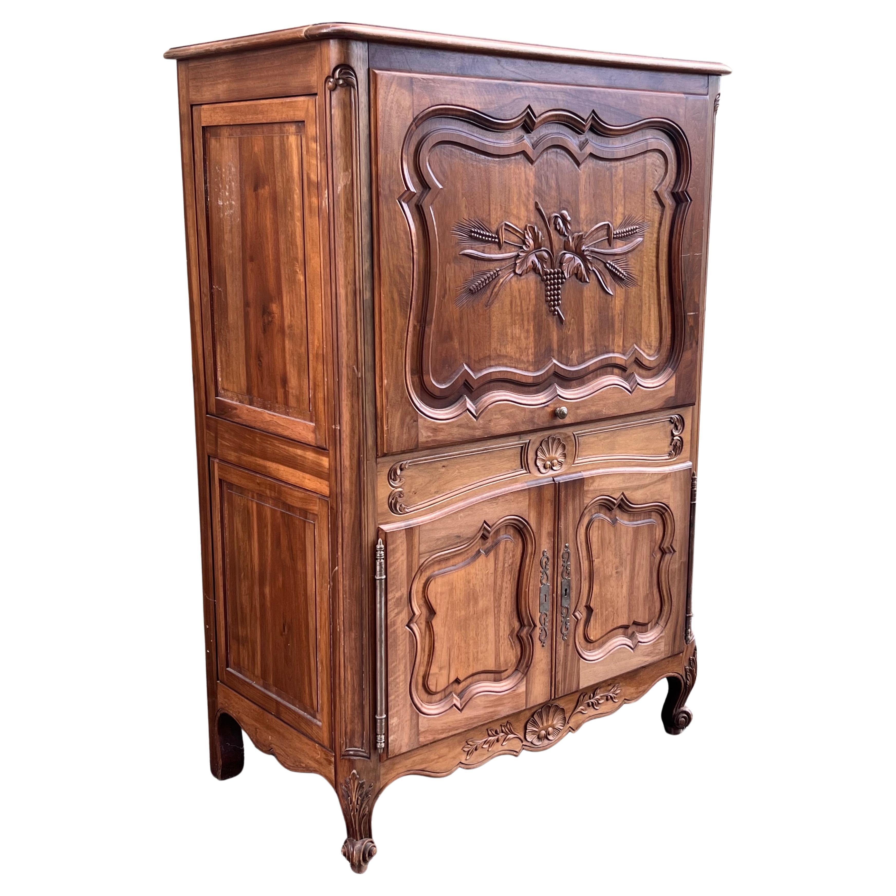 Spanish Fall-Front Secretary Desk in Carved Oak, Spain, circa 1950 For Sale