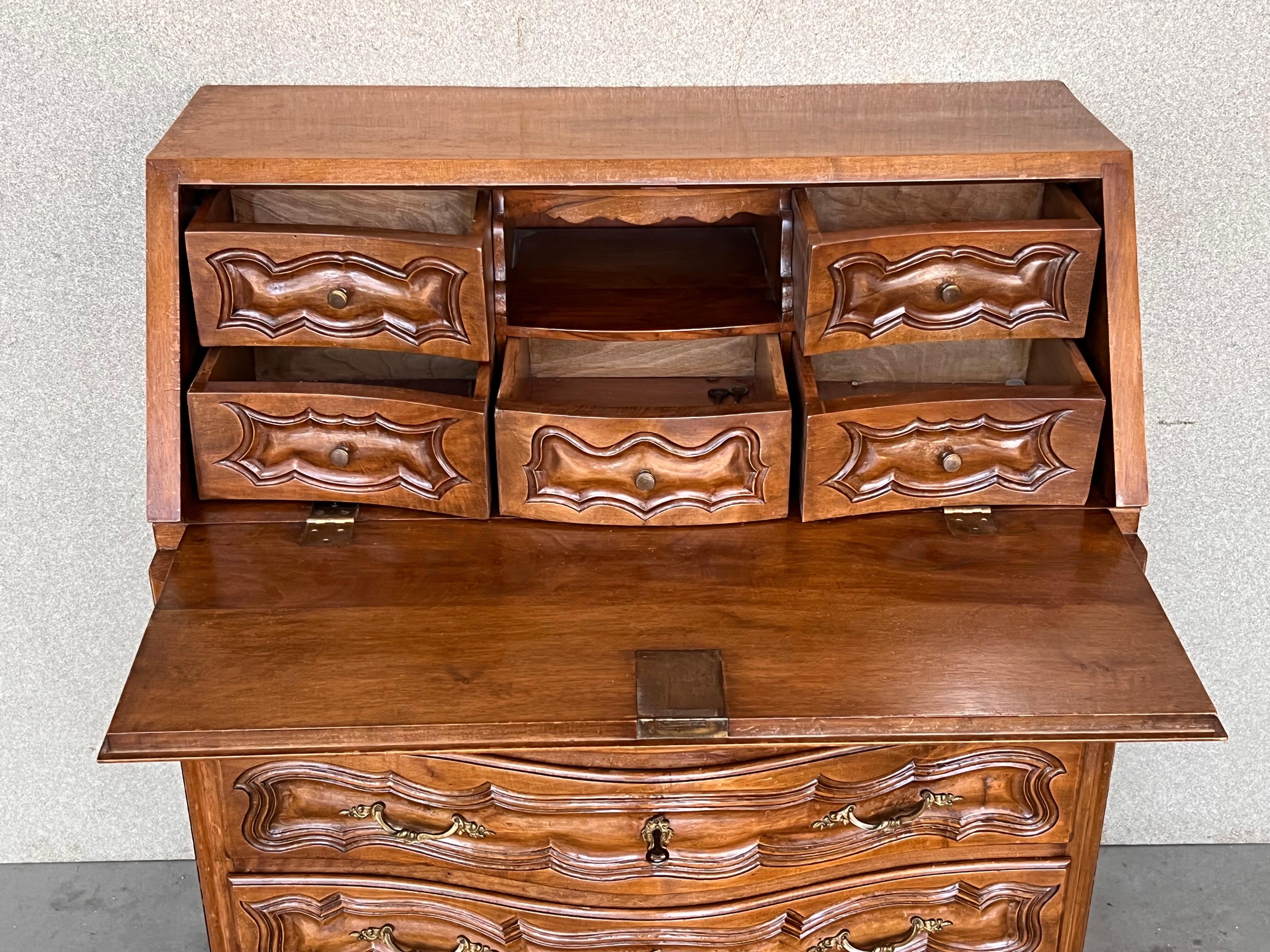 Spanish Fall-Front Secretary Desk in Carved Walnut, Spain, circa 1950 For Sale 5