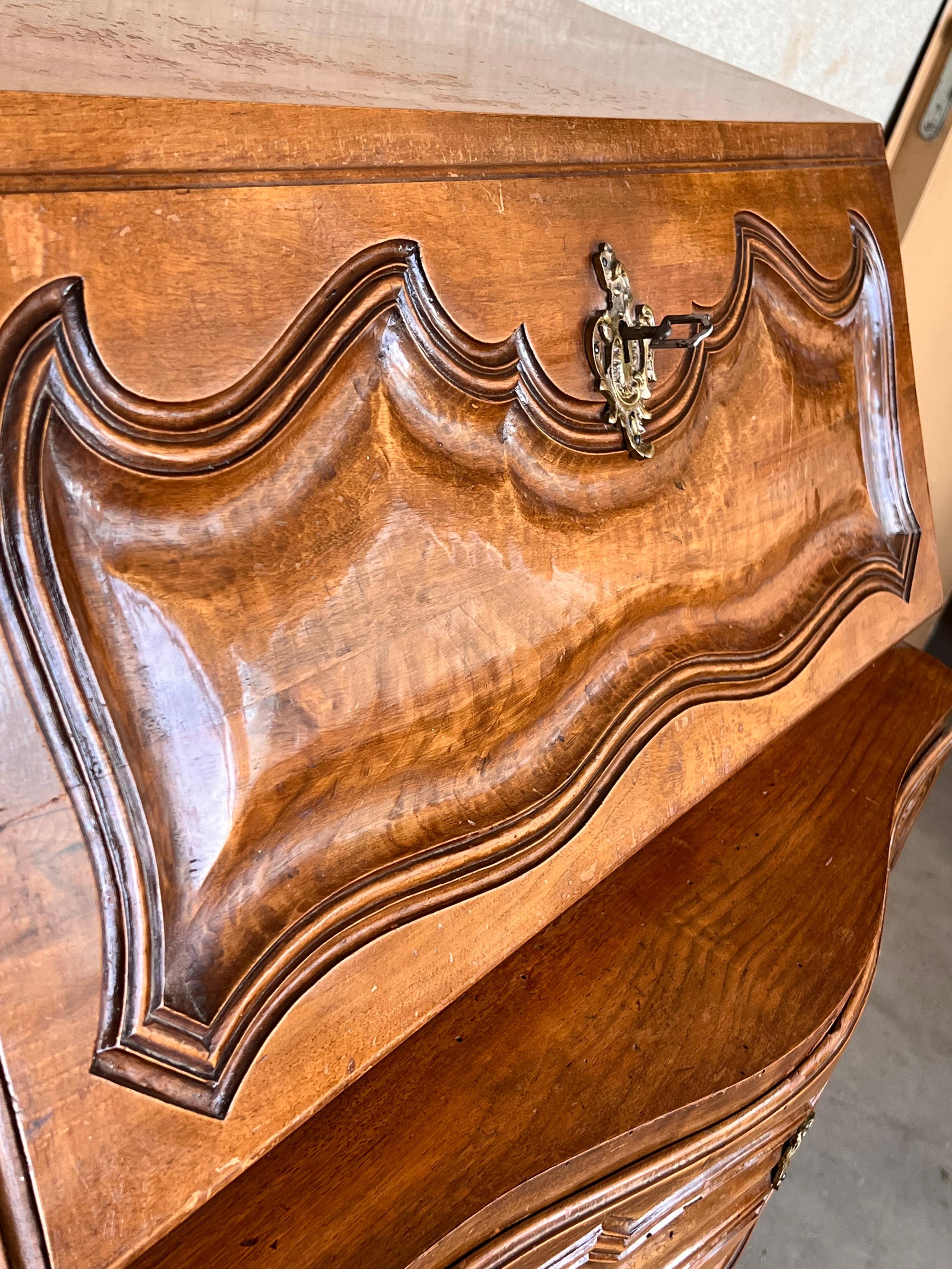 Spanish Fall-Front Secretary Desk in Carved Walnut, Spain, circa 1950 For Sale 6