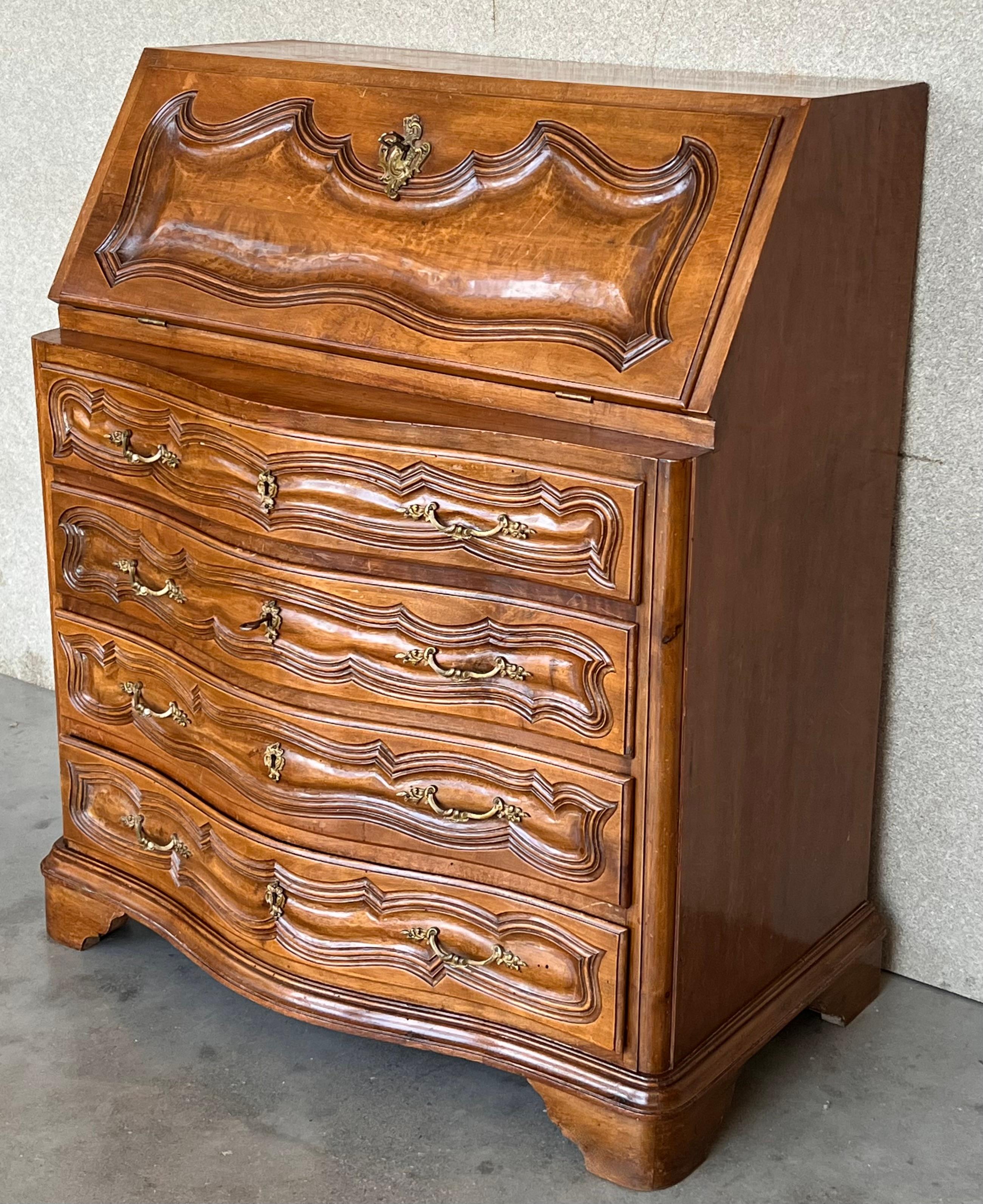 Spanish Colonial Spanish Fall-Front Secretary Desk in Carved Walnut, Spain, circa 1950 For Sale
