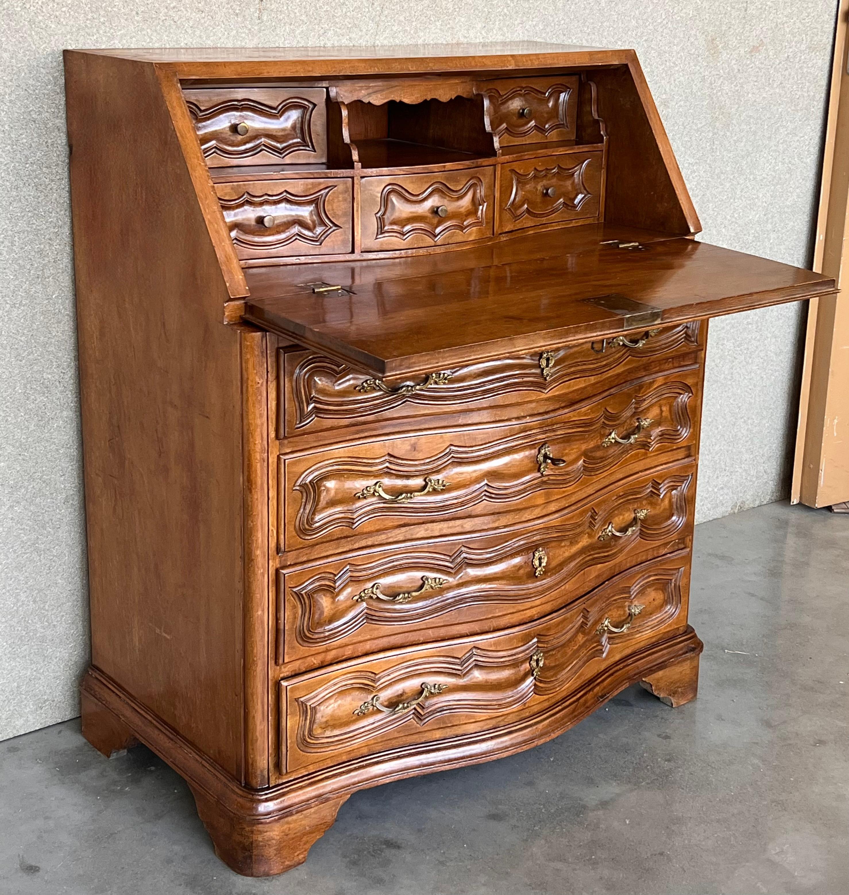 20th Century Spanish Fall-Front Secretary Desk in Carved Walnut, Spain, circa 1950 For Sale