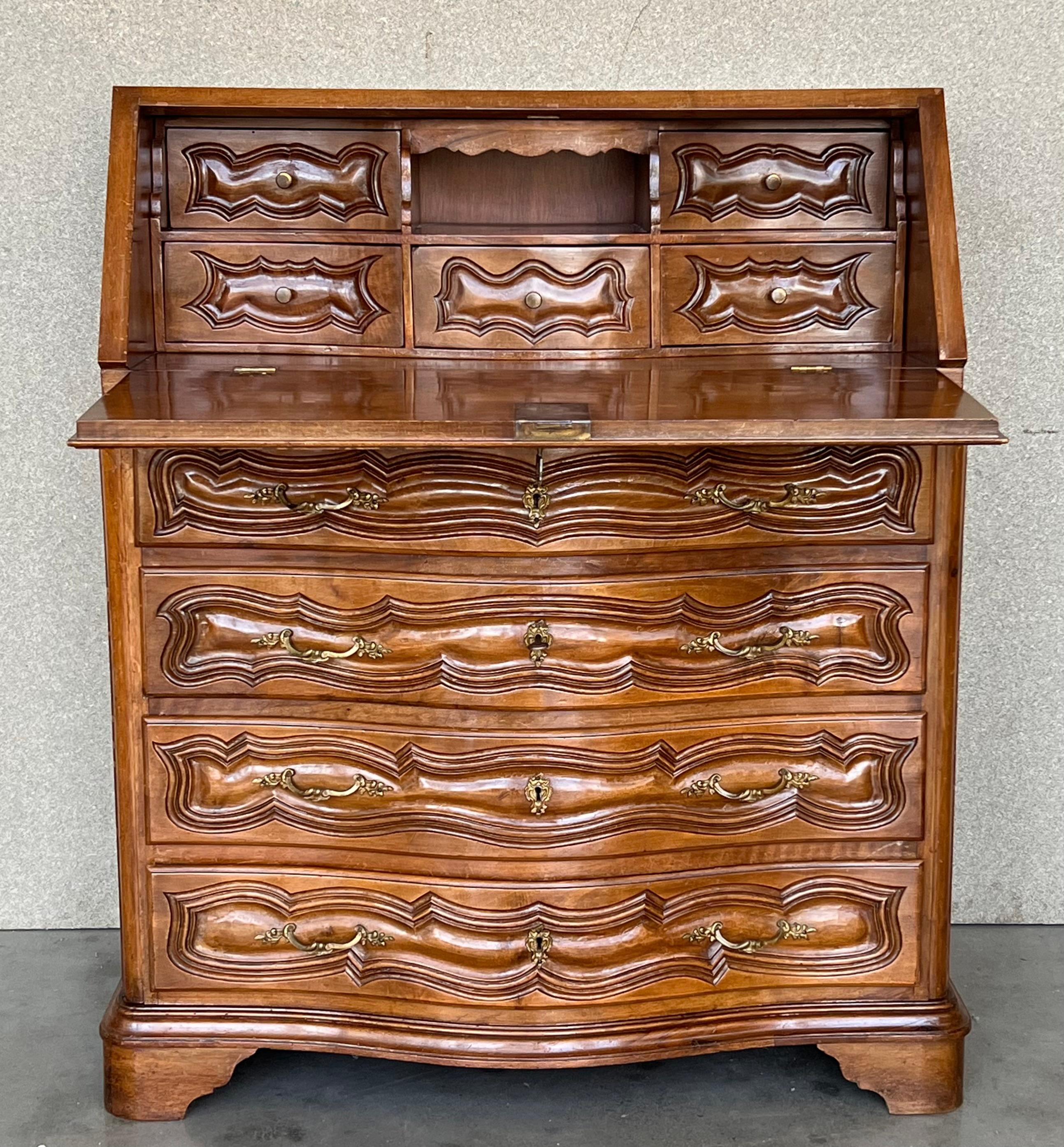 Spanish Fall-Front Secretary Desk in Carved Walnut, Spain, circa 1950 For Sale 1