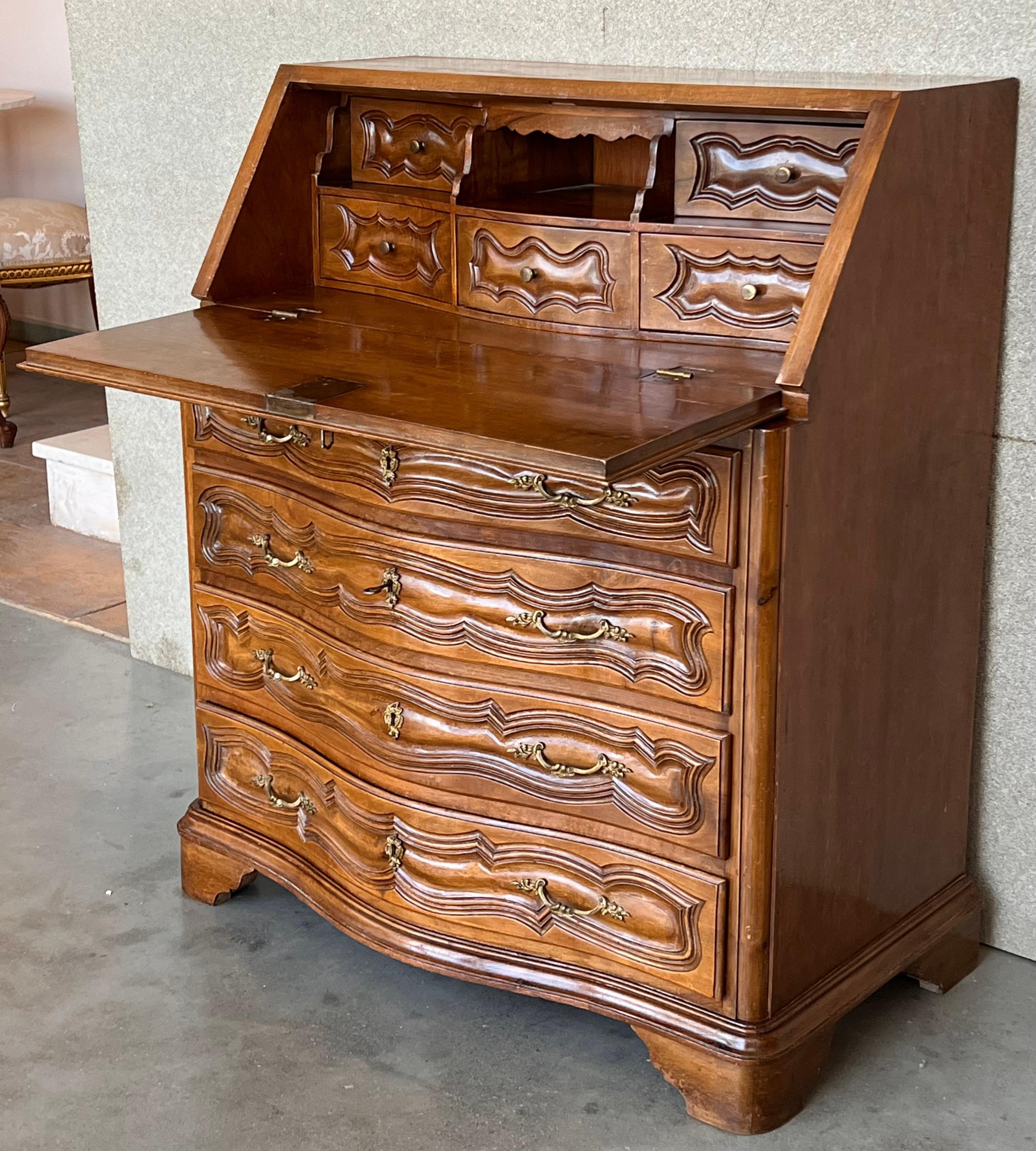 Spanish Fall-Front Secretary Desk in Carved Walnut, Spain, circa 1950 For Sale 2