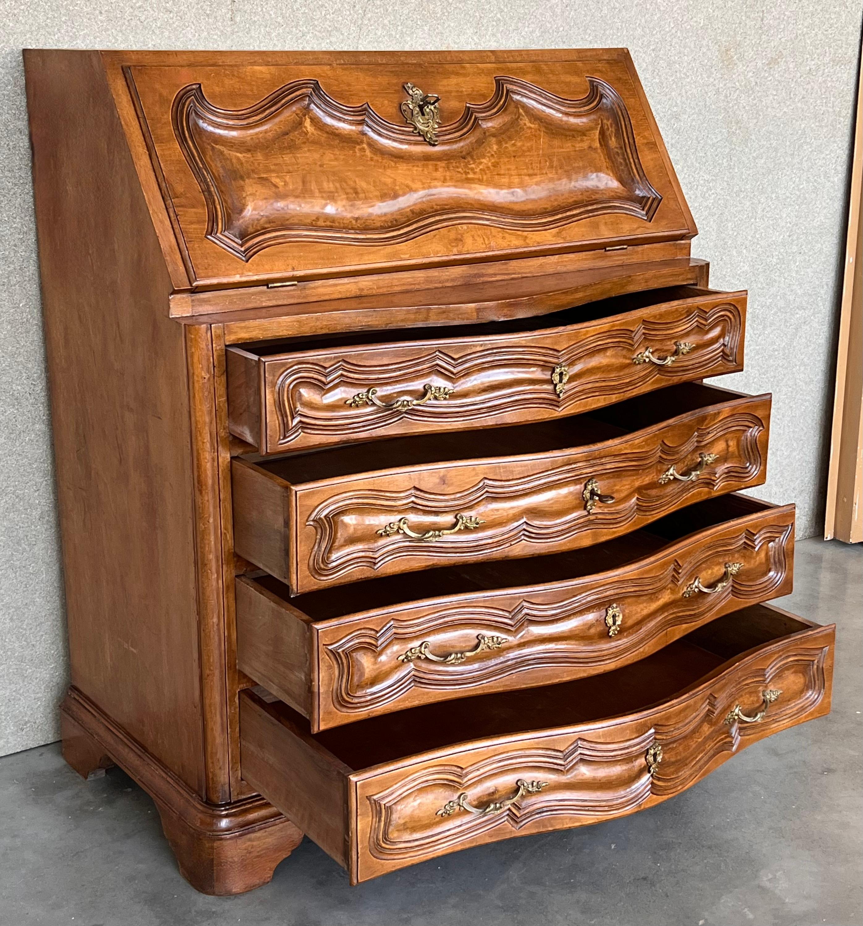 Spanish Fall-Front Secretary Desk in Carved Walnut, Spain, circa 1950 For Sale 3
