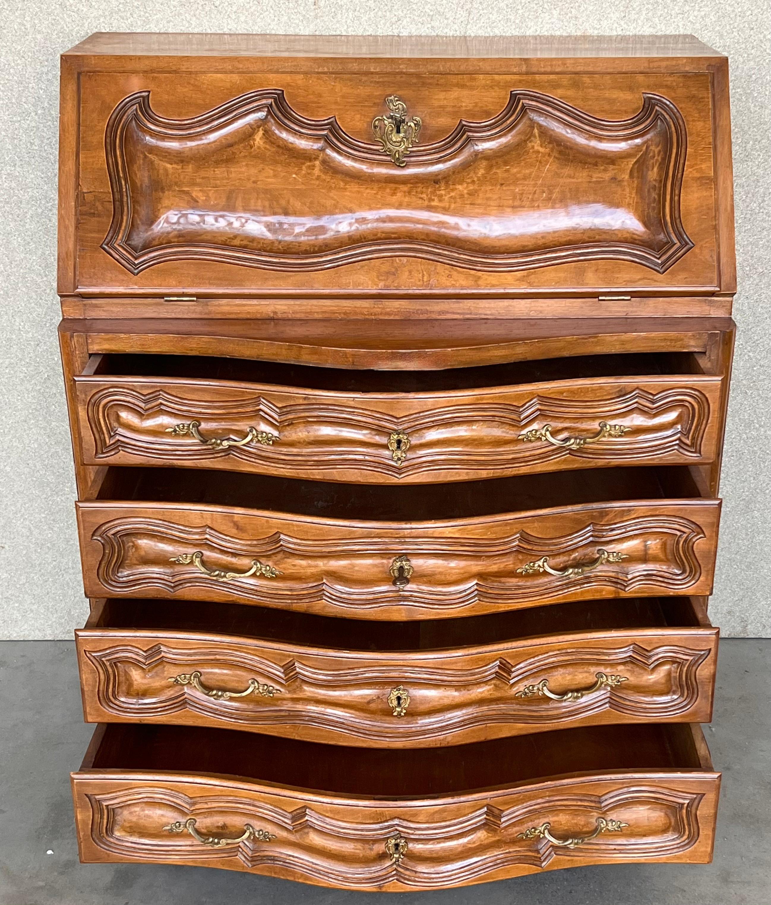 Spanish Fall-Front Secretary Desk in Carved Walnut, Spain, circa 1950 For Sale 4
