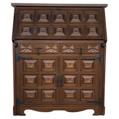 Spanish Fall-Front Secretary Desk in Carved Walnut, Spain, circa 1950