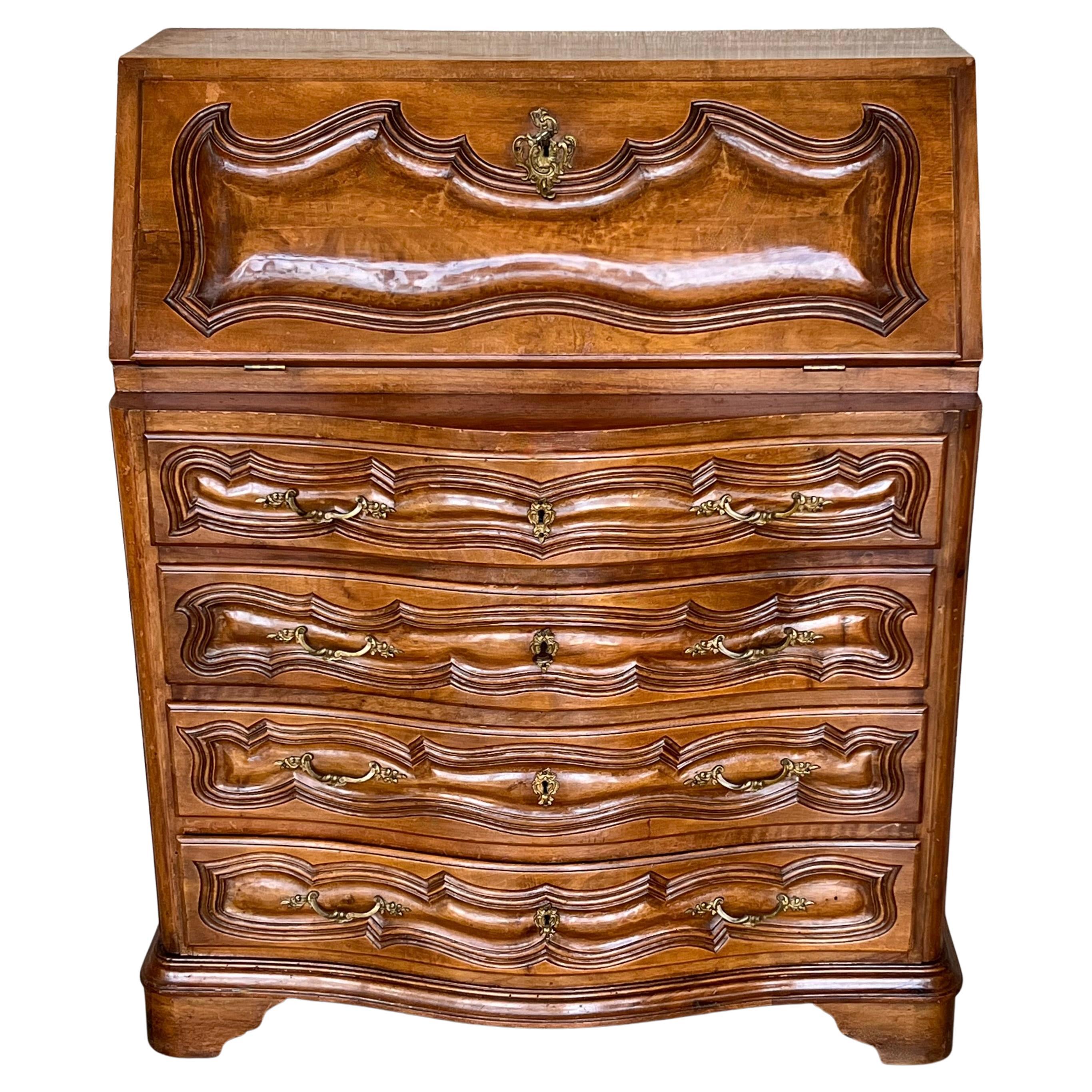 Spanish Fall-Front Secretary Desk in Carved Walnut, Spain, circa 1950