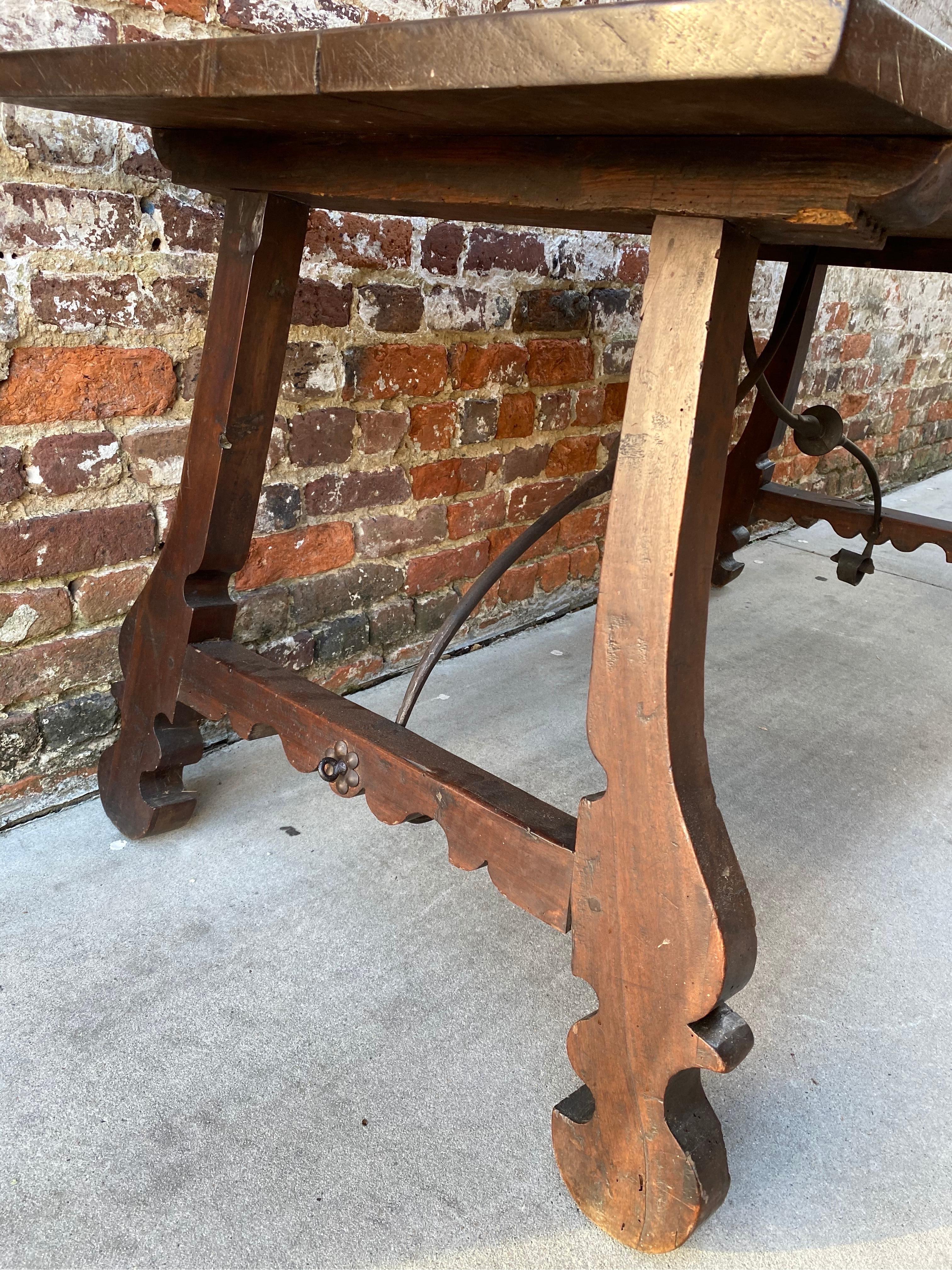 European Spanish Farm Table with Trestle Base and Iron Support For Sale