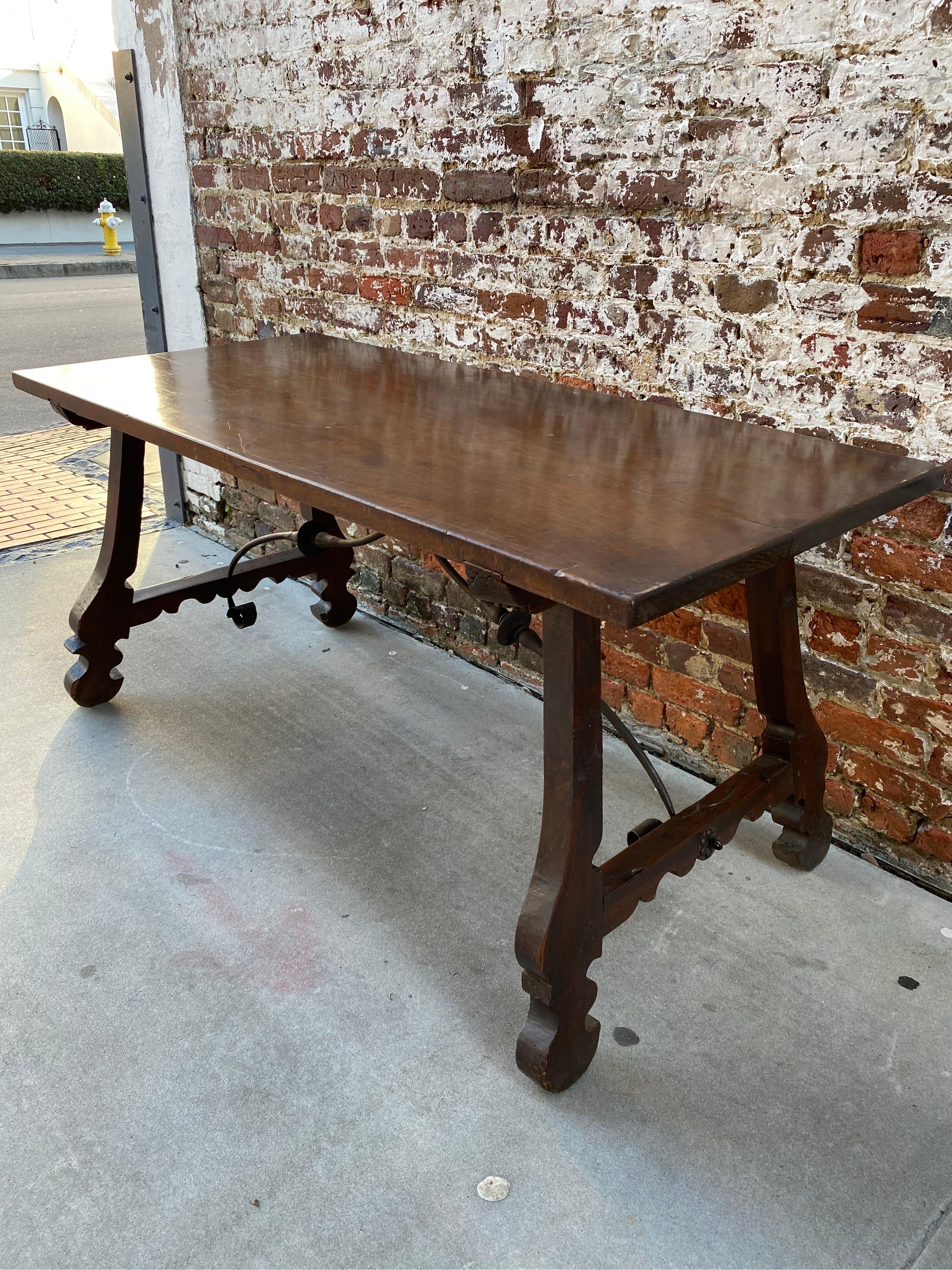 19th Century Spanish Farm Table with Trestle Base and Iron Support For Sale
