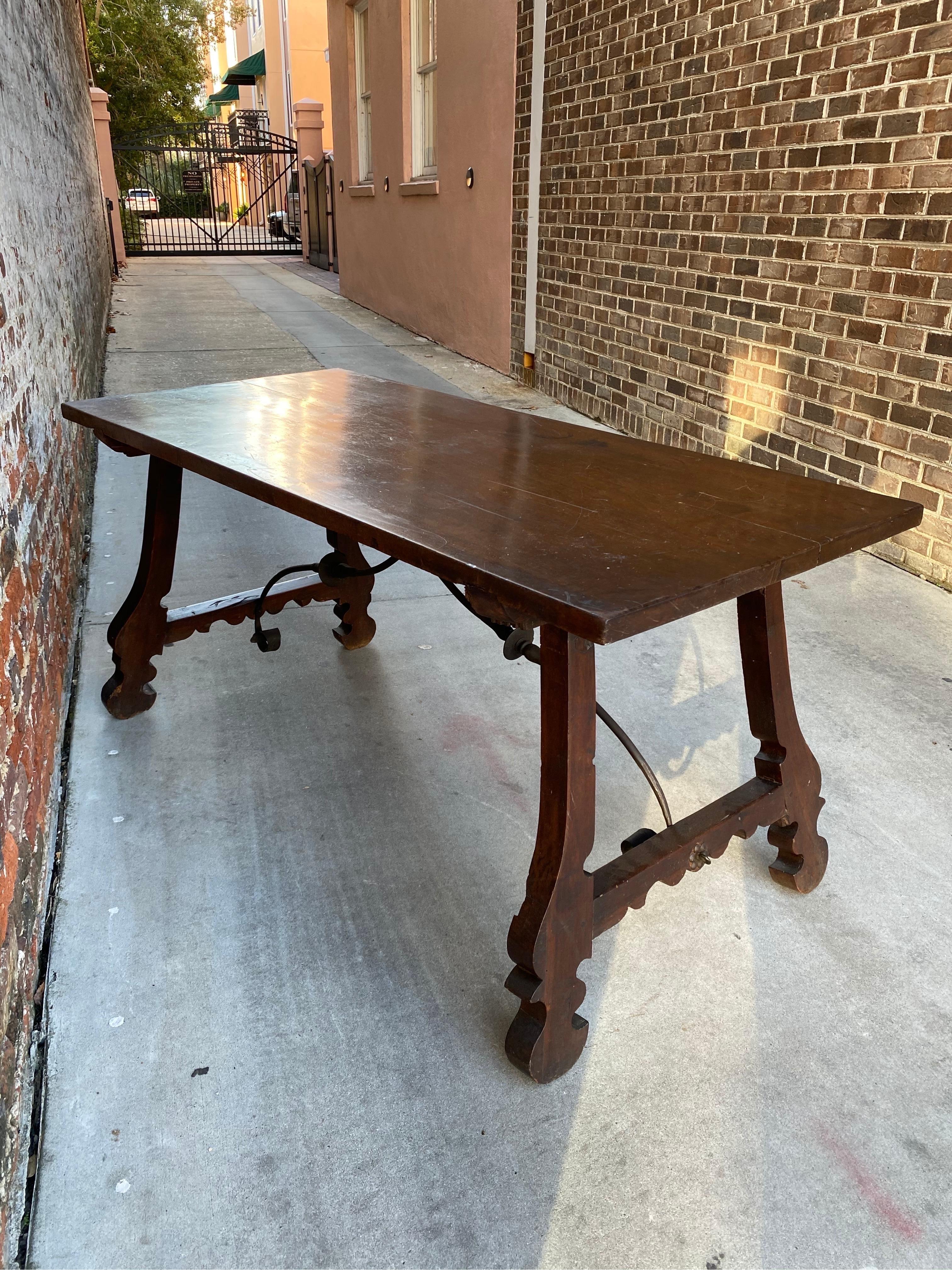 Fruitwood Spanish Farm Table with Trestle Base and Iron Support For Sale