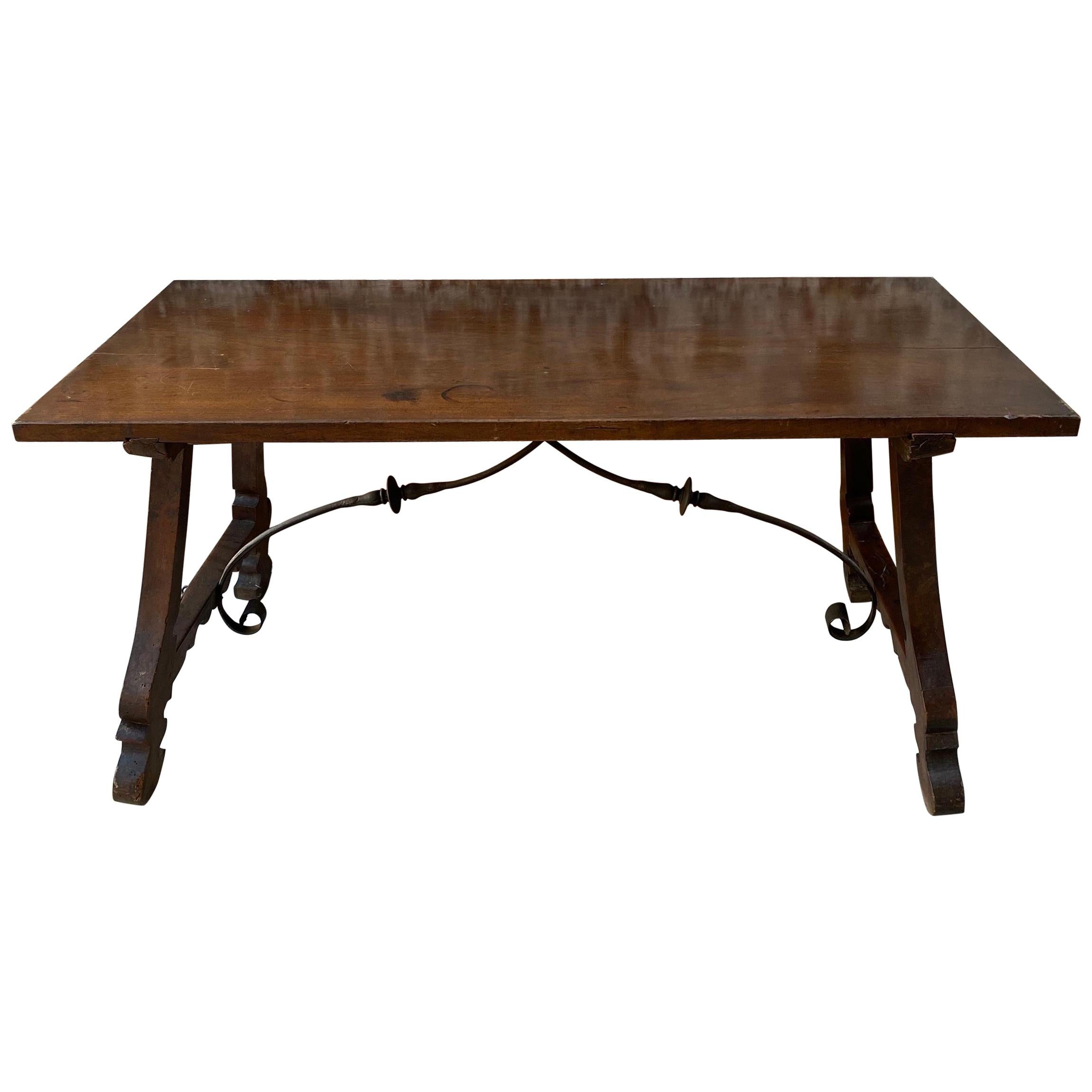 Spanish Farm Table with Trestle Base and Iron Support For Sale
