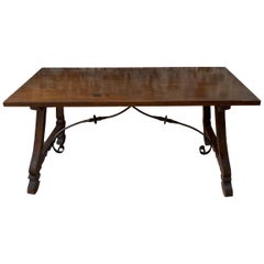 Antique Spanish Farm Table with Trestle Base and Iron Support