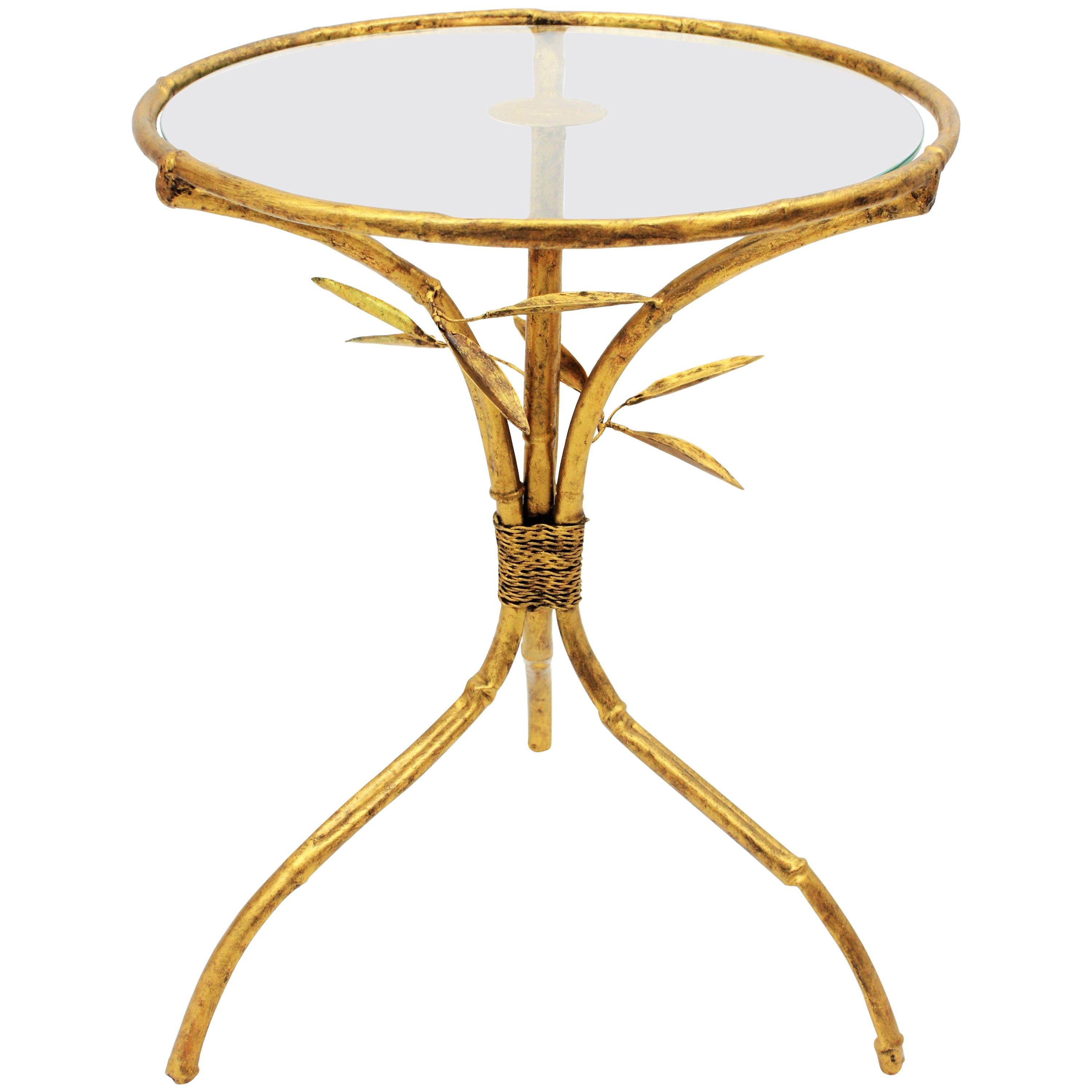 Spanish Faux Bamboo Gilt Iron Round Side Table or Drinks Table, 1950s 8
