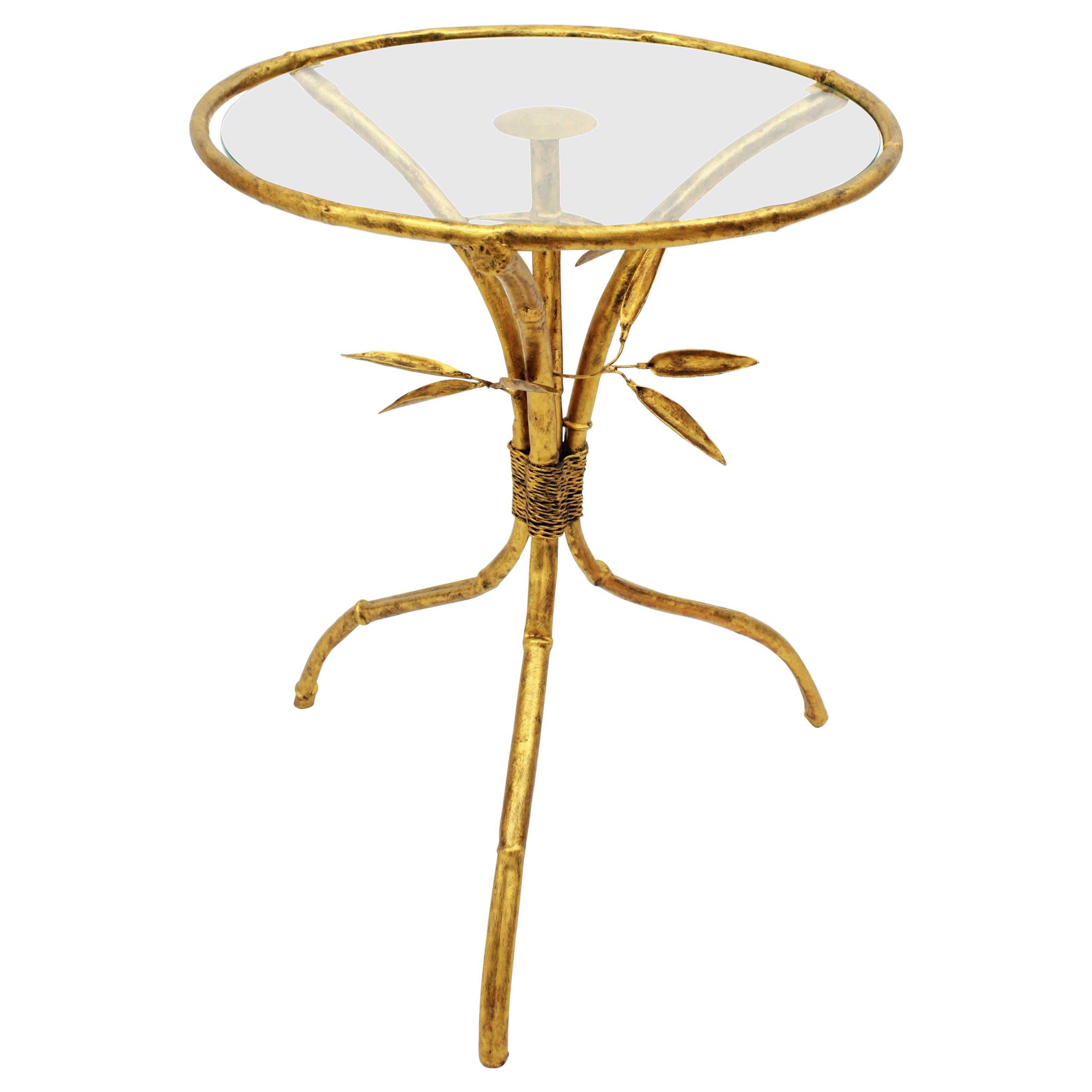 20th Century Spanish Faux Bamboo Gilt Iron Round Side Table or Drinks Table, 1950s