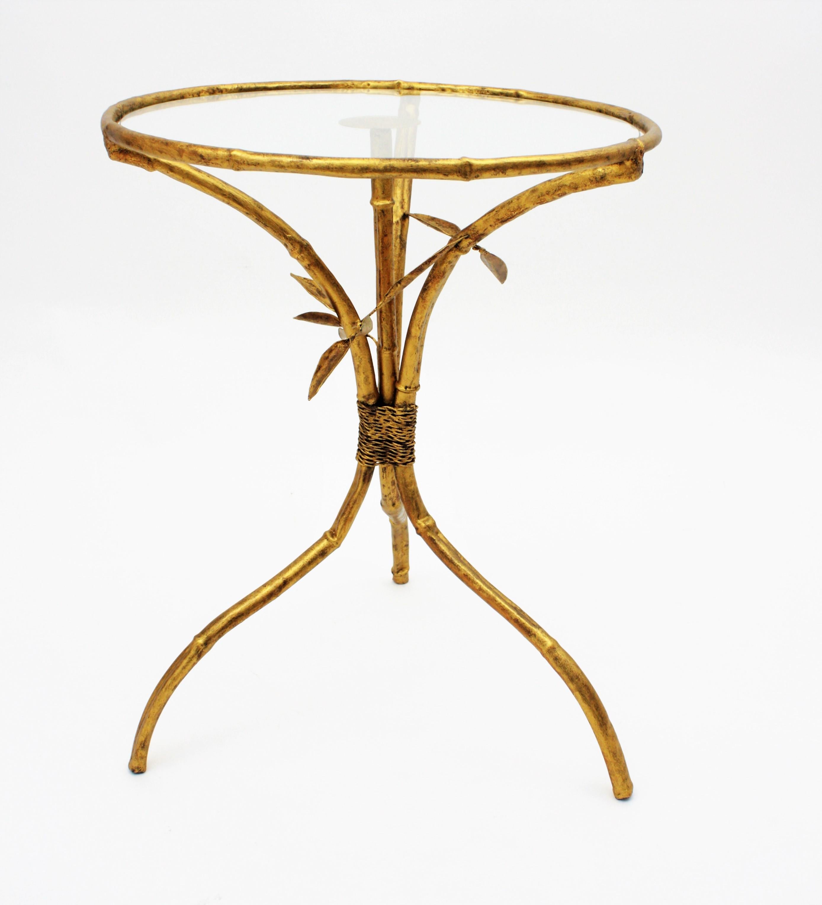 Spanish Faux Bamboo Gilt Iron Round Side Table or Drinks Table, 1950s 4