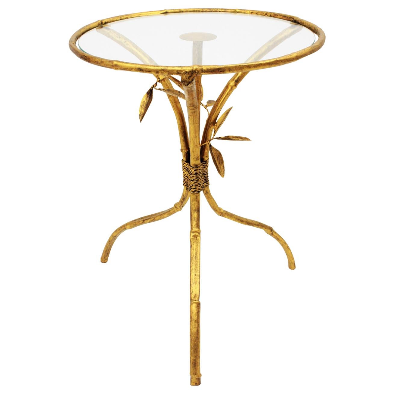 Spanish Faux Bamboo Gilt Iron Round Side Table or Drinks Table, 1950s