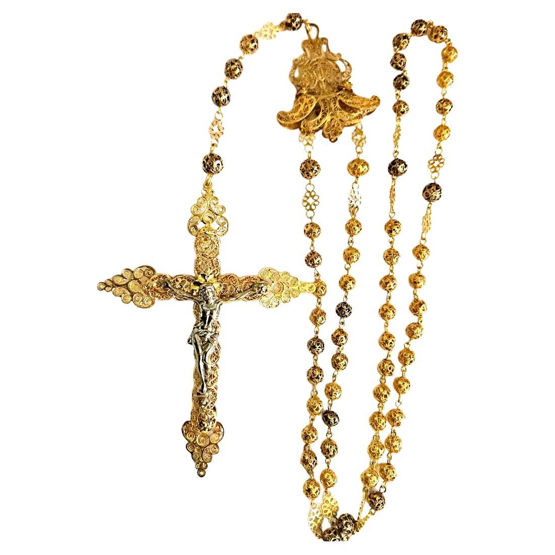 Spanish Filigree Rosary with Crucifix, 18kt Gold and Silver, circa 1920