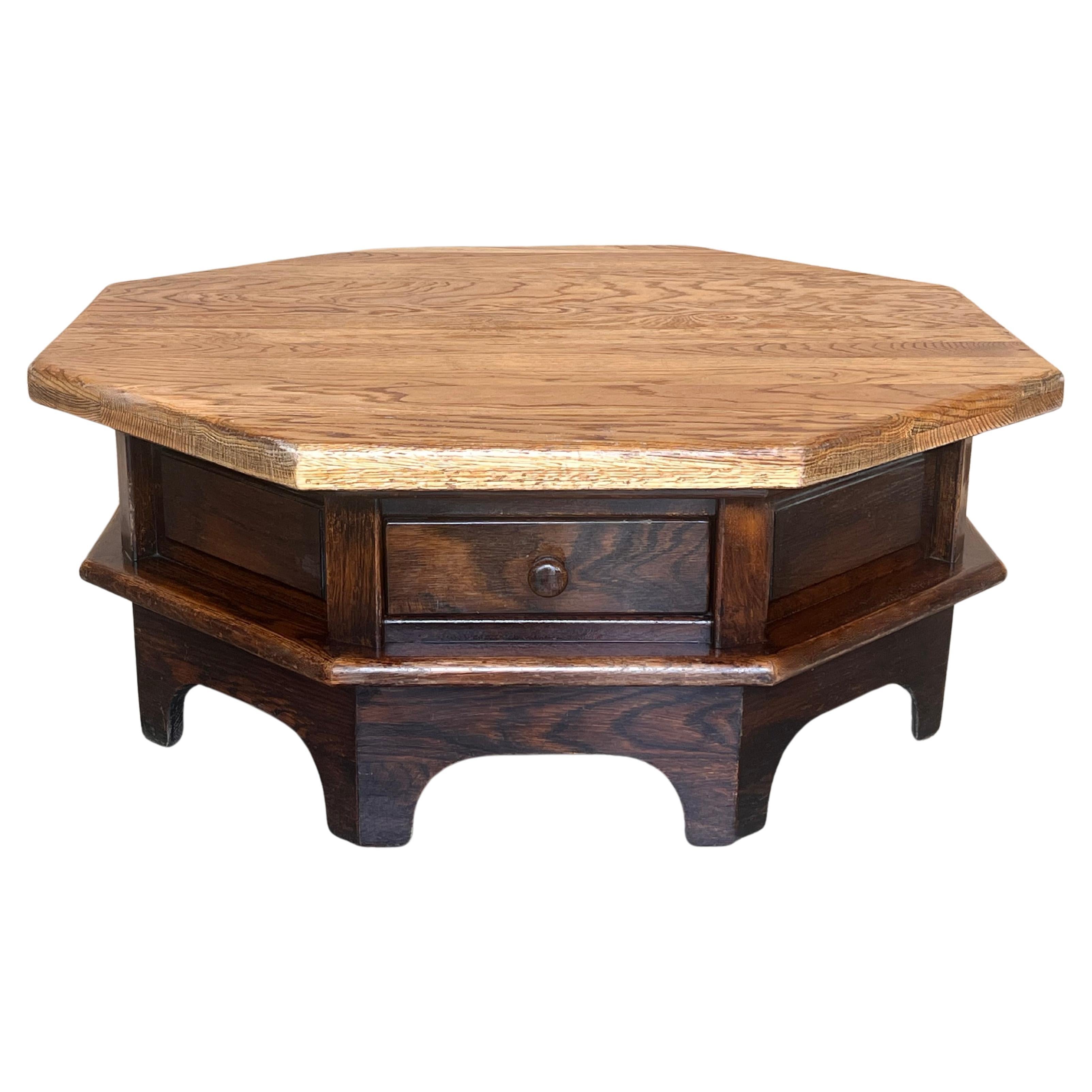 Spanish Fir and Walnut Octogonal Table Special Design Restored Wax Polished