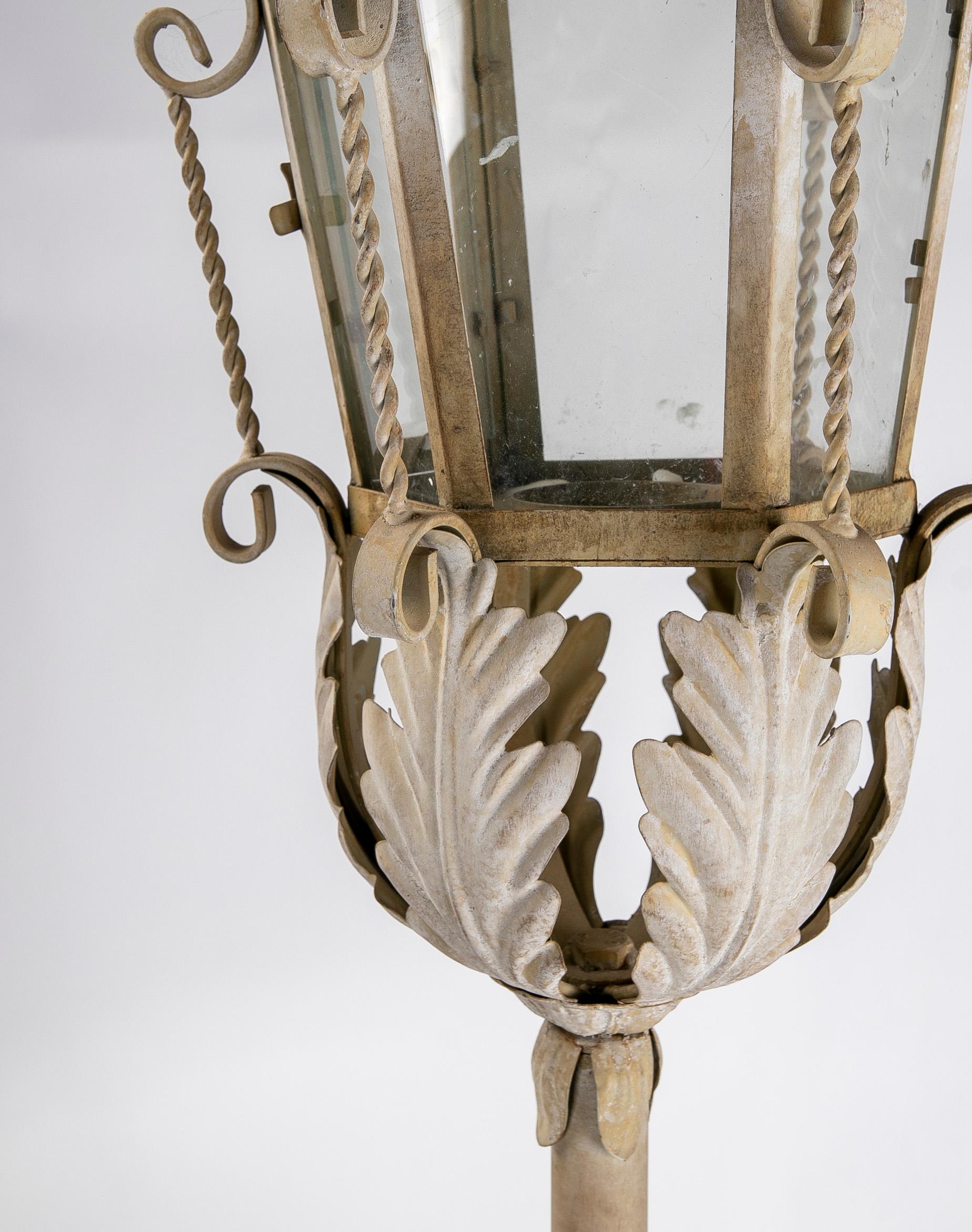 20th Century Spanish Floor Lantern in Antique White Painted Iron For Sale