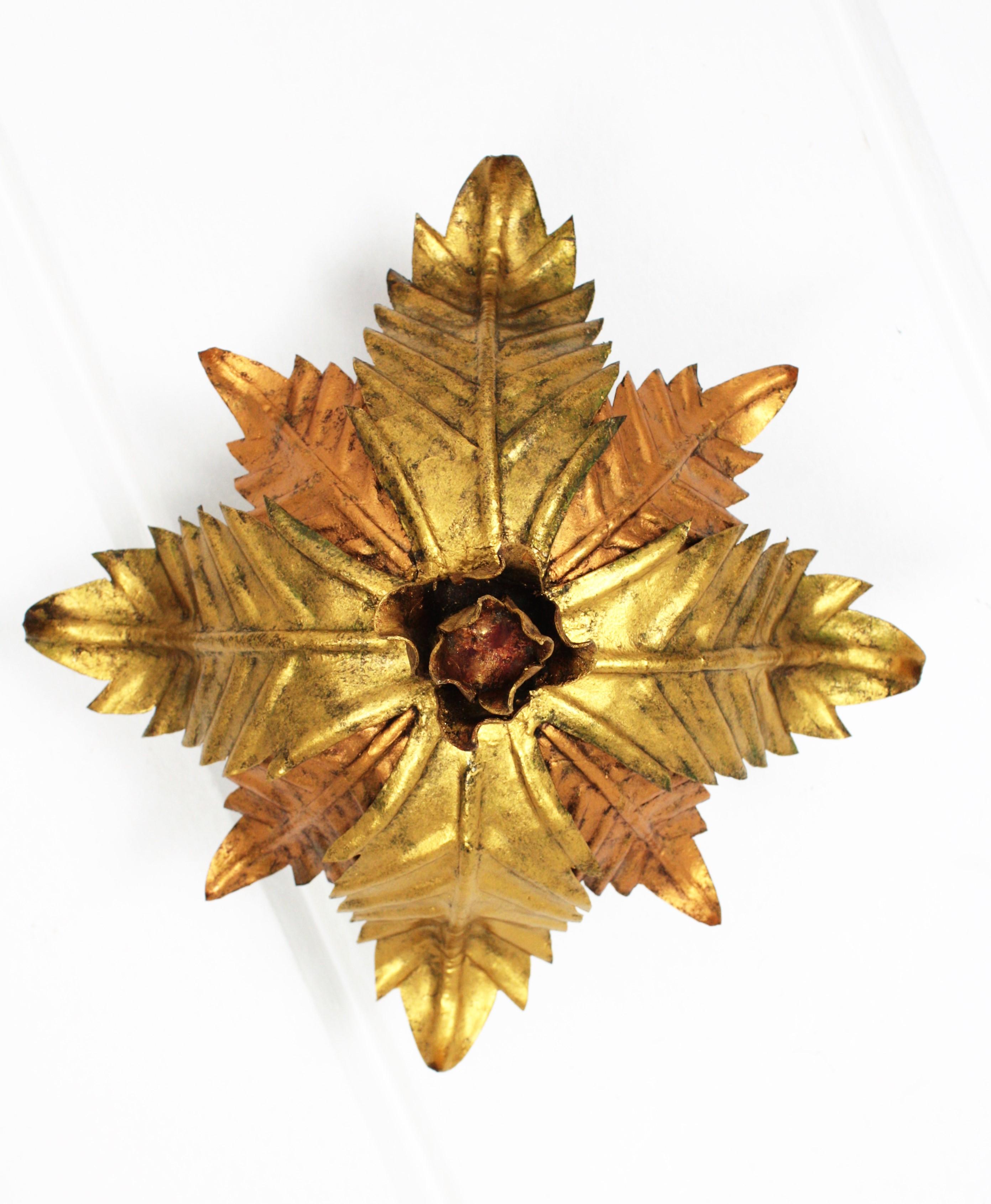 Hollywood Regency Sunburst Foliage Floral Light Fixture in Two-Tone Gilt Wrought Iron, 1950s