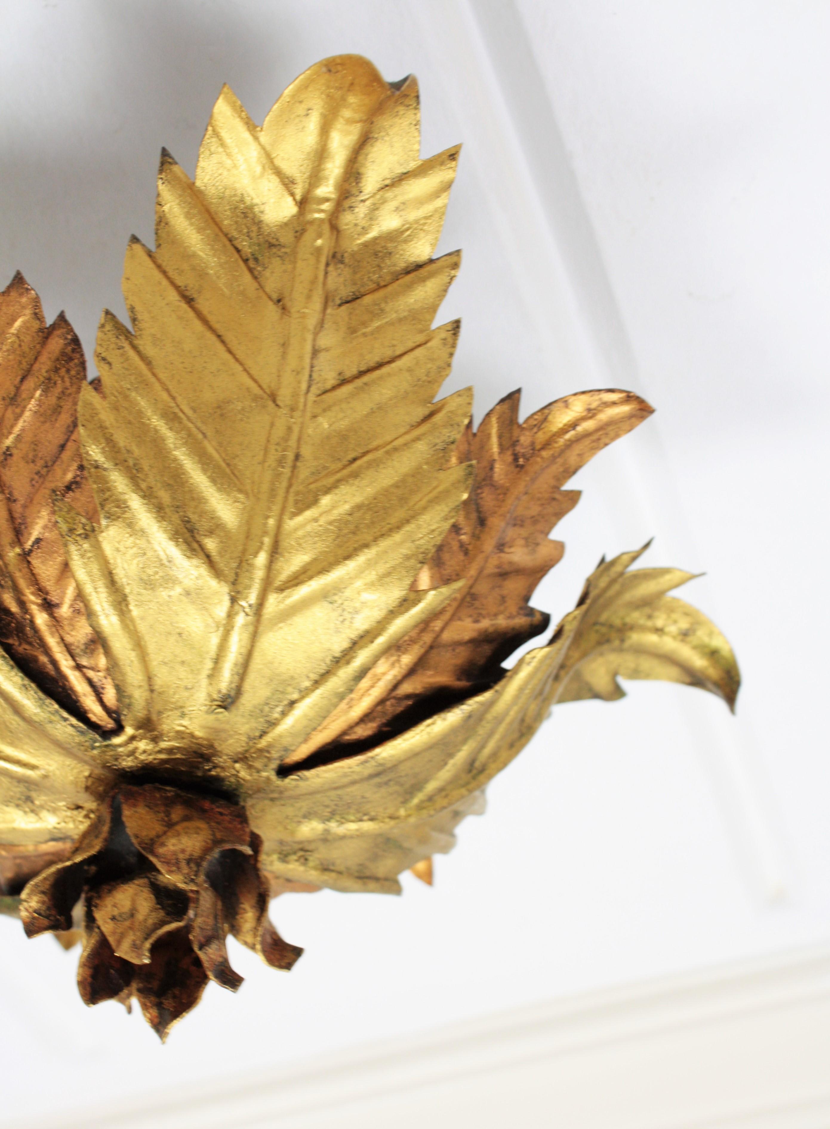 Gold Leaf Sunburst Foliage Floral Light Fixture in Two-Tone Gilt Wrought Iron, 1950s