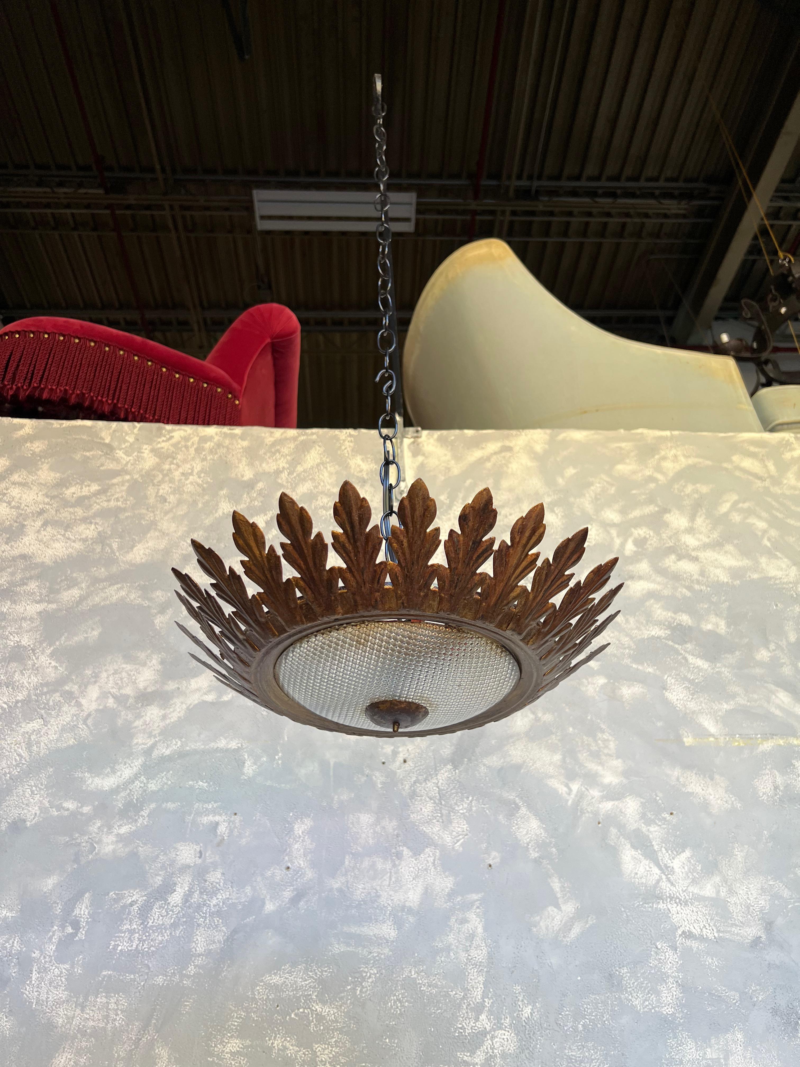 Ornate Spanish Flush Mount Ceiling Fixture With Textured Glass For Sale 4