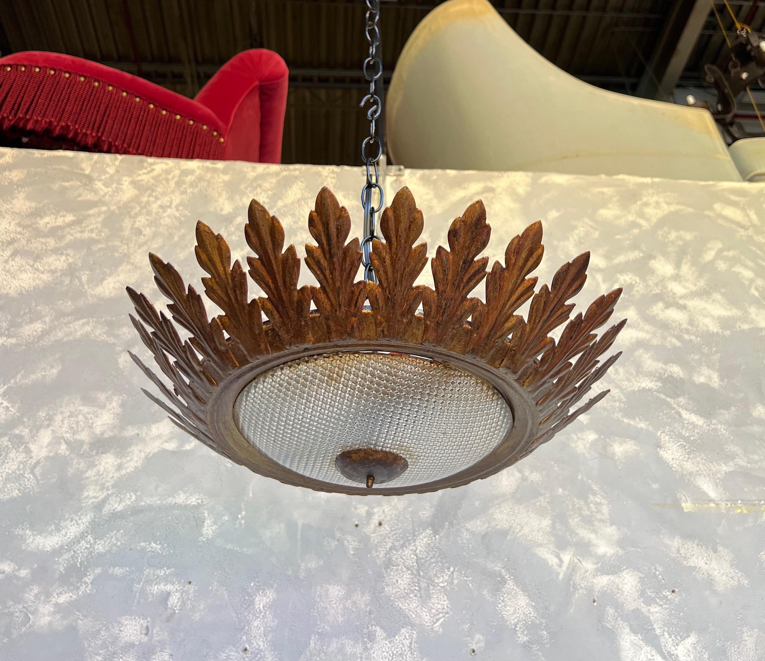 Ornate Spanish Flush Mount Ceiling Fixture With Textured Glass For Sale 6
