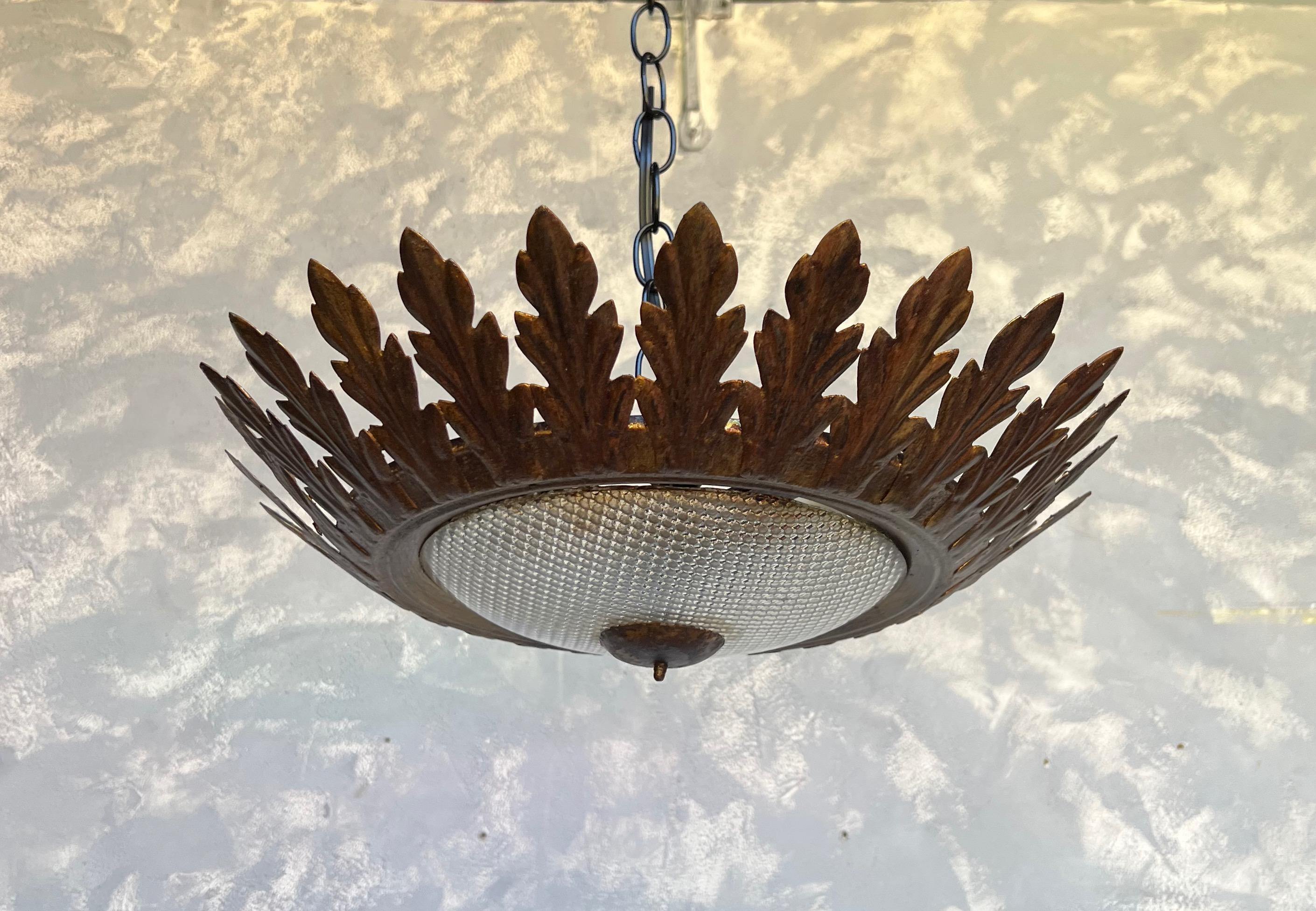 Ornate Spanish Flush Mount Ceiling Fixture With Textured Glass In Good Condition For Sale In Buchanan, NY