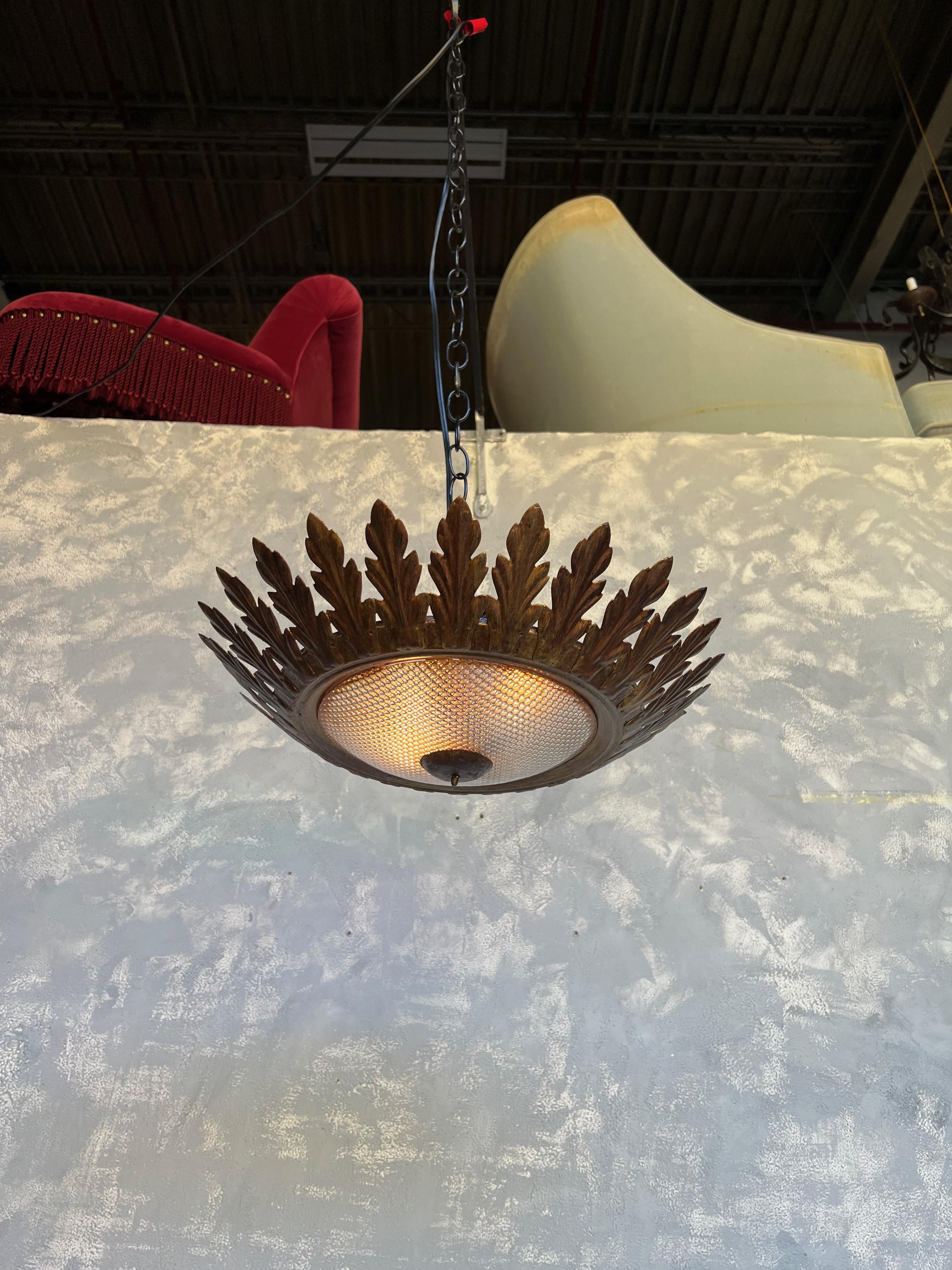 Mid-20th Century Ornate Spanish Flush Mount Ceiling Fixture With Textured Glass For Sale