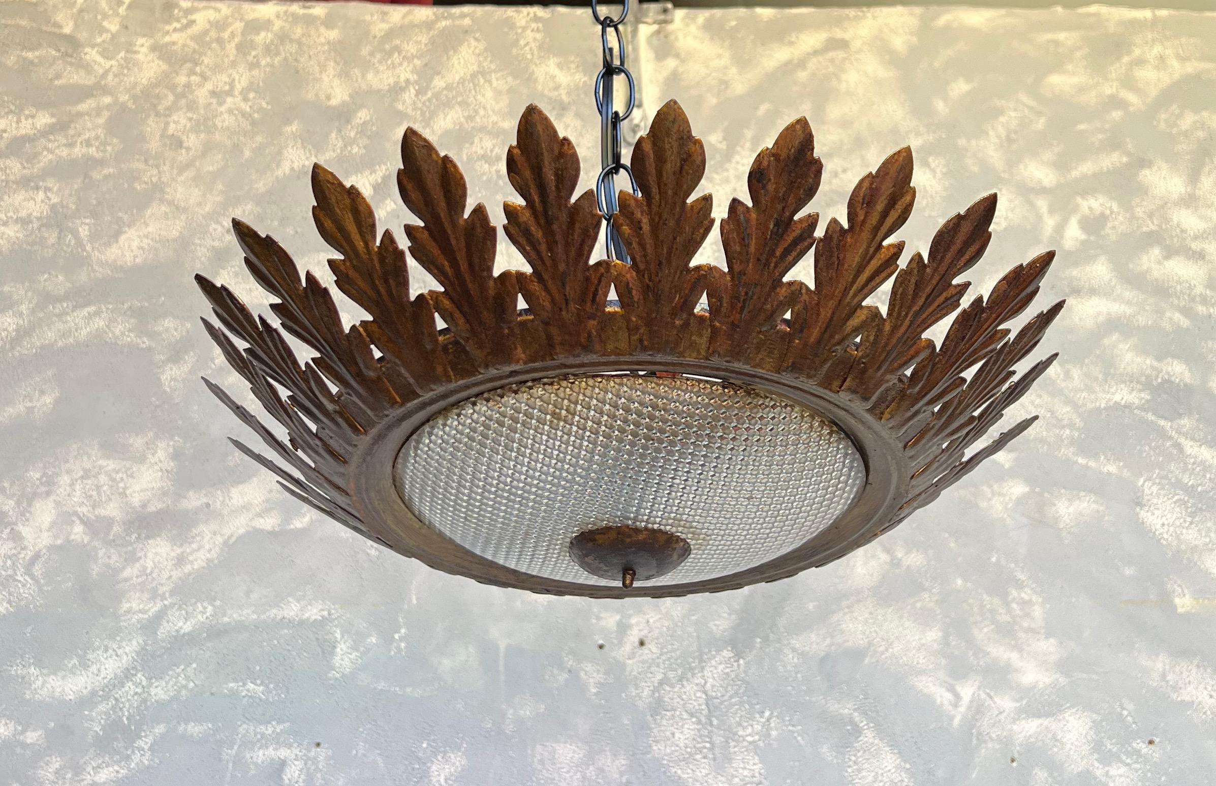Ornate Spanish Flush Mount Ceiling Fixture With Textured Glass For Sale 1