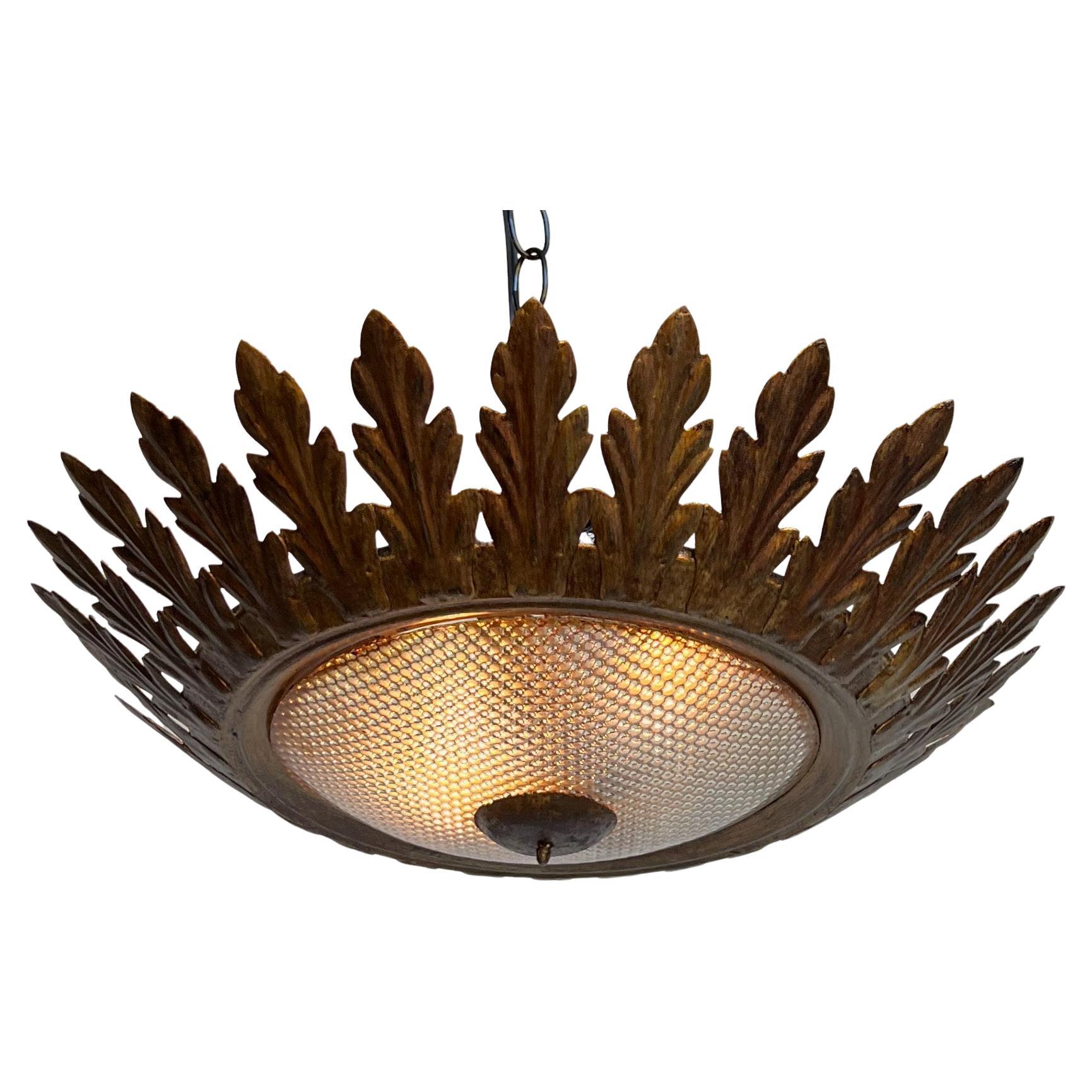 Ornate Spanish Flush Mount Ceiling Fixture With Textured Glass For Sale