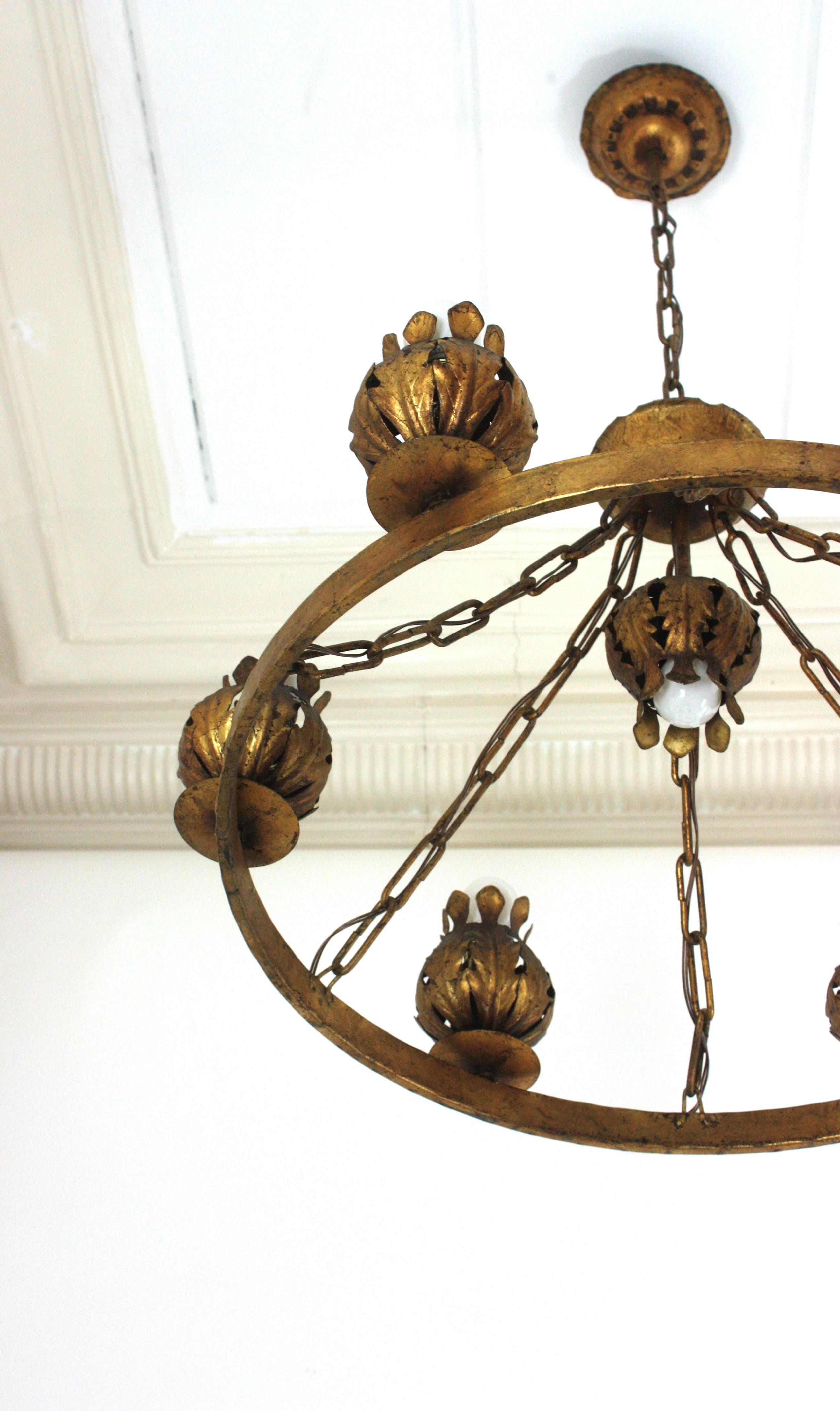 Spanish Foliage Flower Buds Large Ring Chandelier in Gilt Iron, 7 Lights For Sale 4
