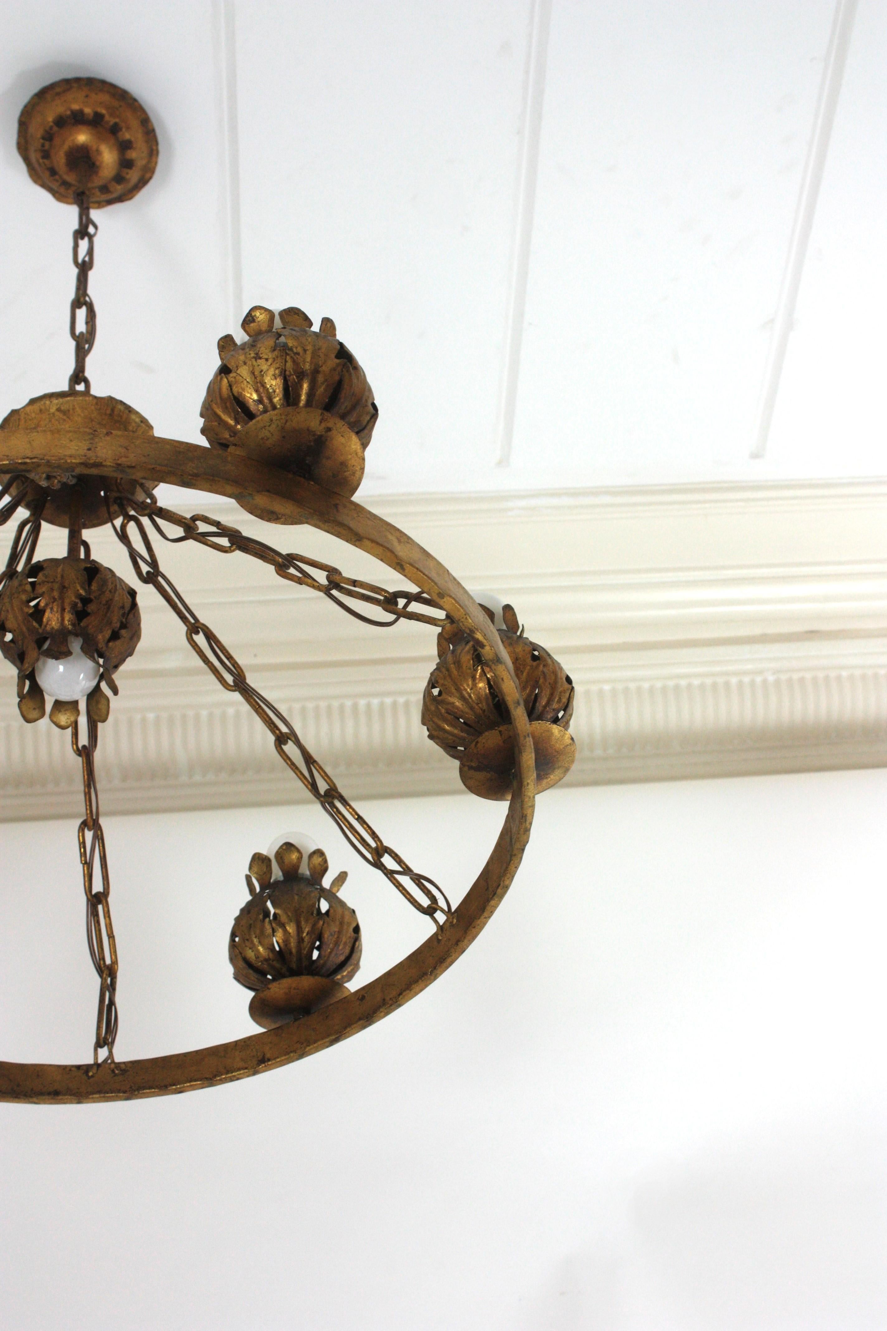 Spanish Foliage Flower Buds Large Ring Chandelier in Gilt Iron, 7 Lights For Sale 5
