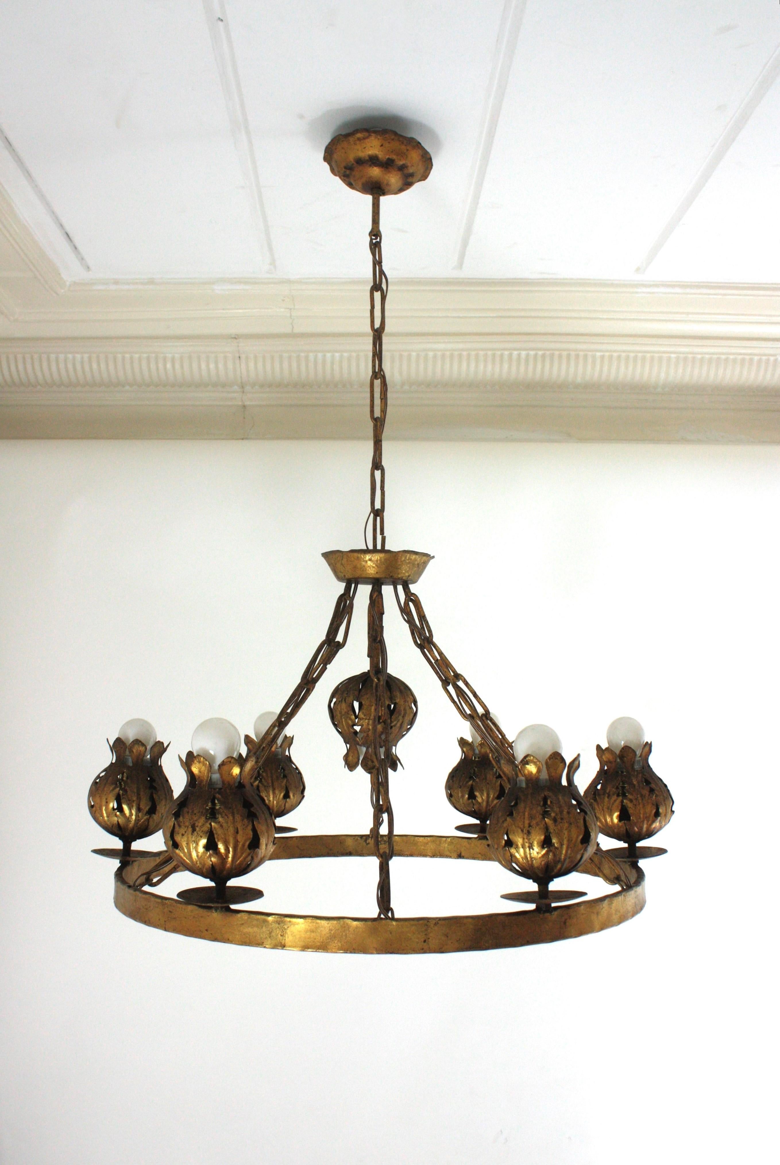 Spanish Foliage Flower Buds Large Ring Chandelier in Gilt Iron, 7 Lights For Sale 6