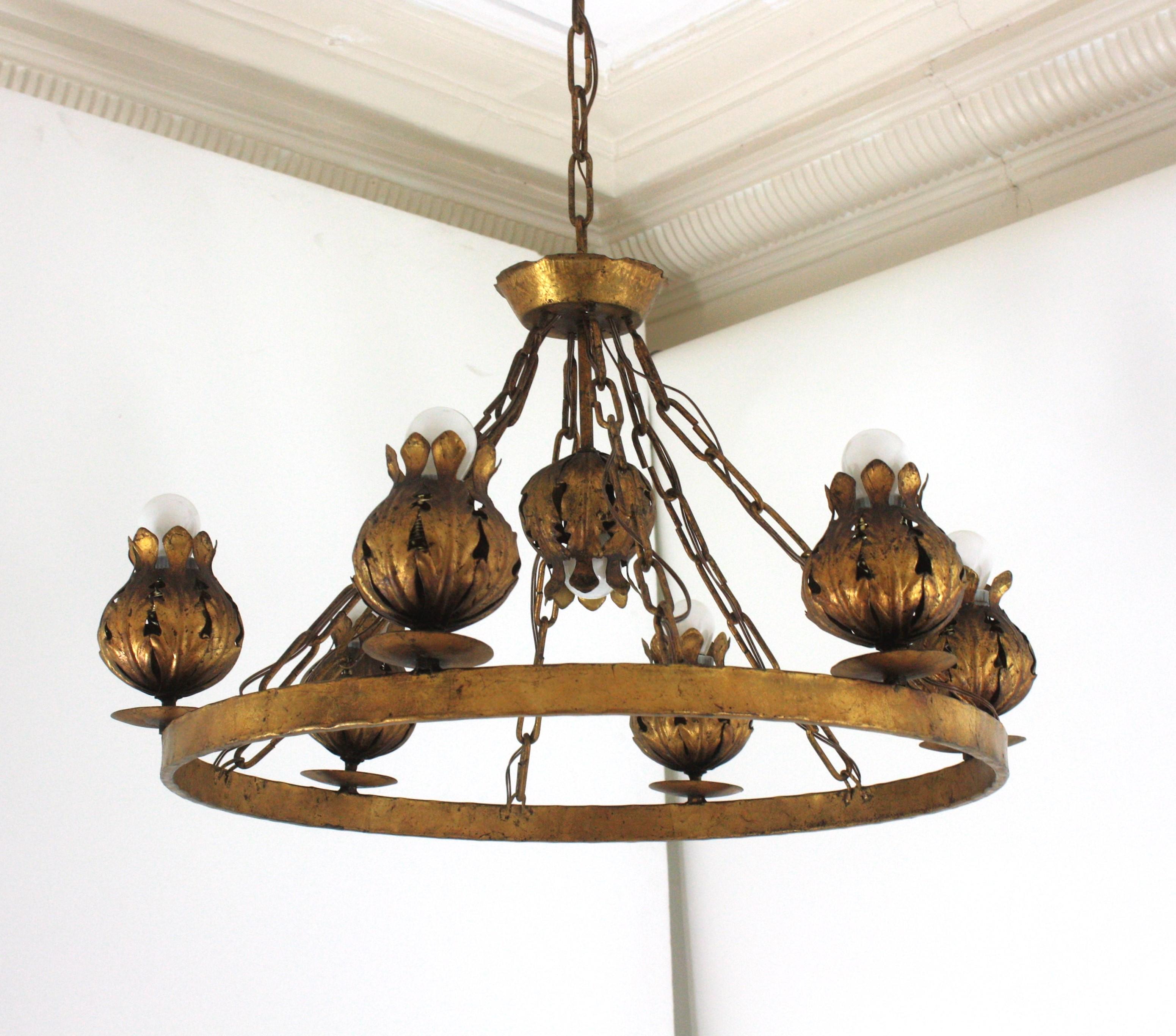 Spanish Foliage Flower Buds Large Ring Chandelier in Gilt Iron, 7 Lights For Sale 9