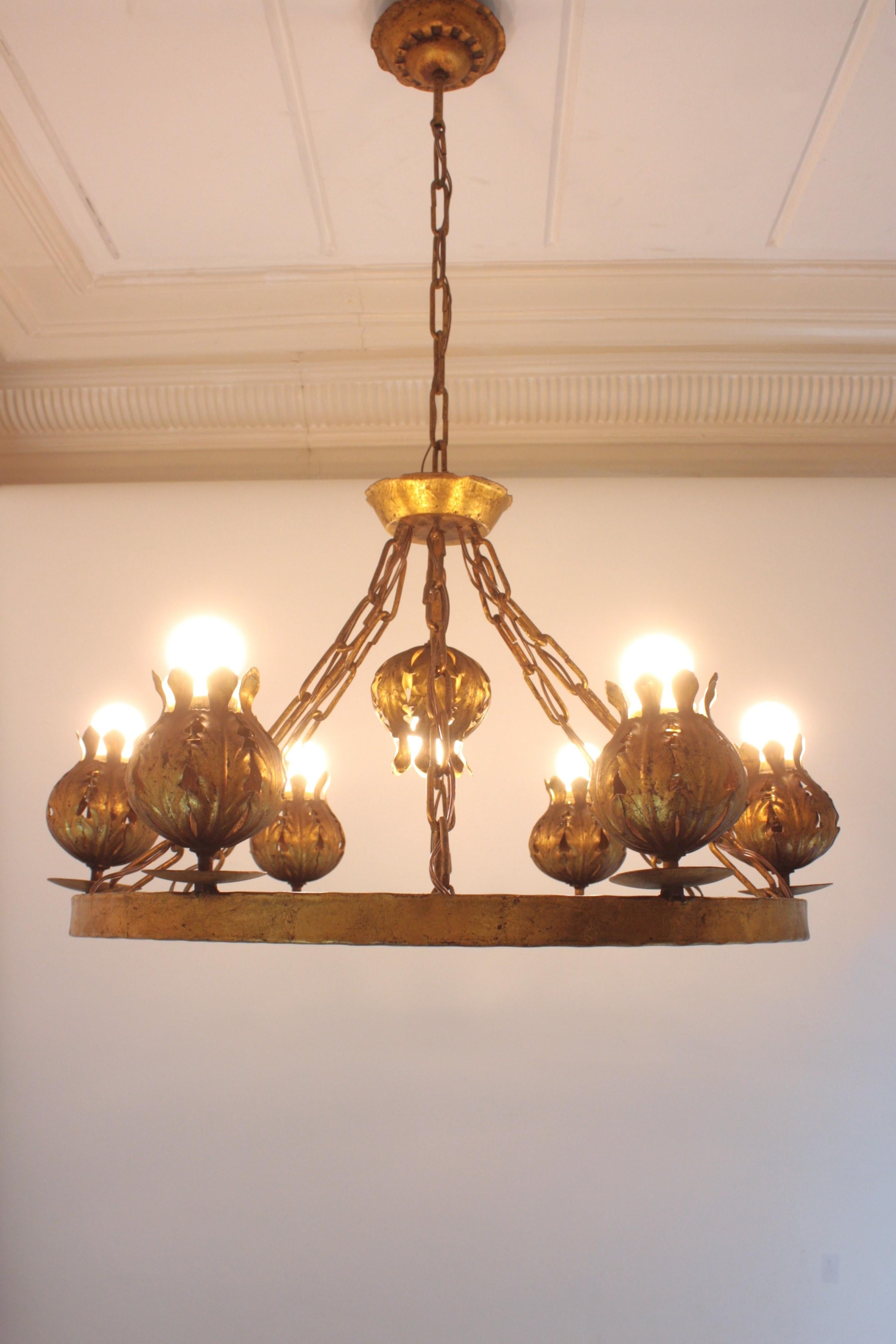 Spanish Foliage Flower Buds Large Ring Chandelier in Gilt Iron, 7 Lights For Sale 10
