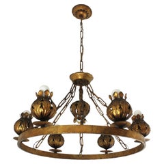Spanish Foliage Flower Buds Large Ring Chandelier in Gilt Iron, 7 Lights