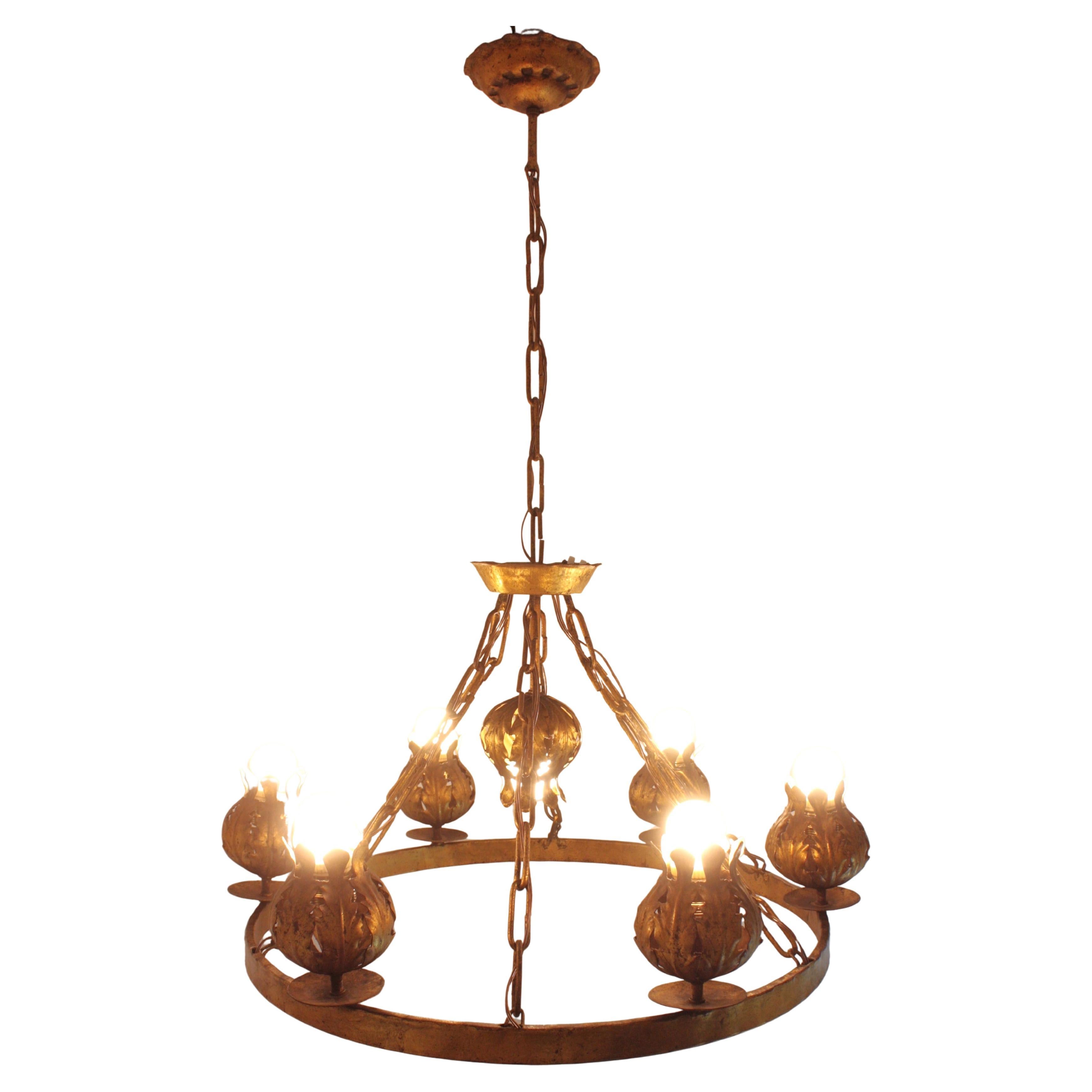 Spanish Foliage Flower Buds Large Ring Chandelier in Gilt Iron, 7 Lights For Sale 13