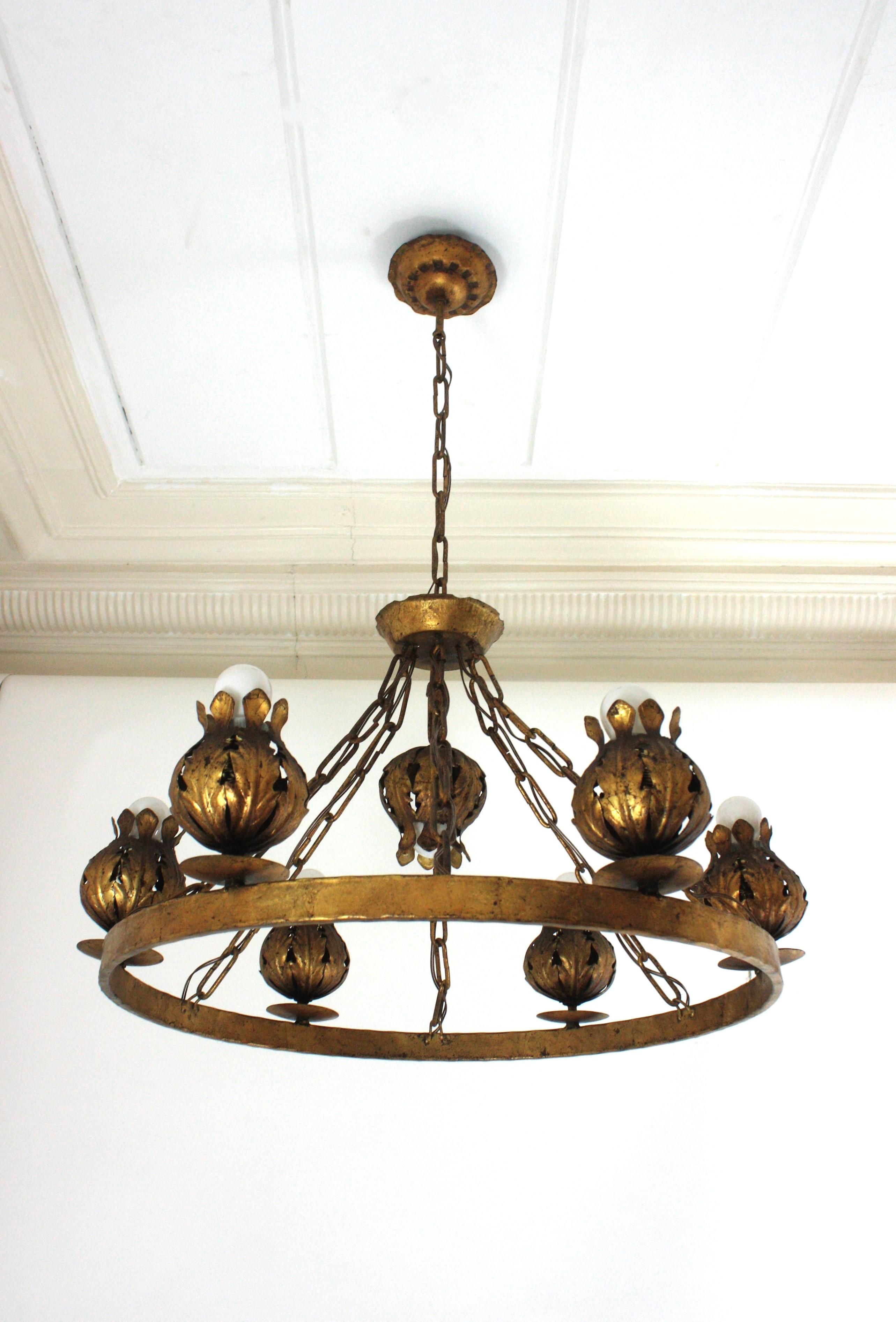 Mid-Century Modern Spanish Foliage Flower Buds Large Ring Chandelier in Gilt Iron, 7 Lights For Sale