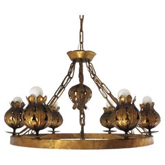 Spanish Foliage Flower Buds Large Ring Chandelier in Gilt Iron, 7 Lights
