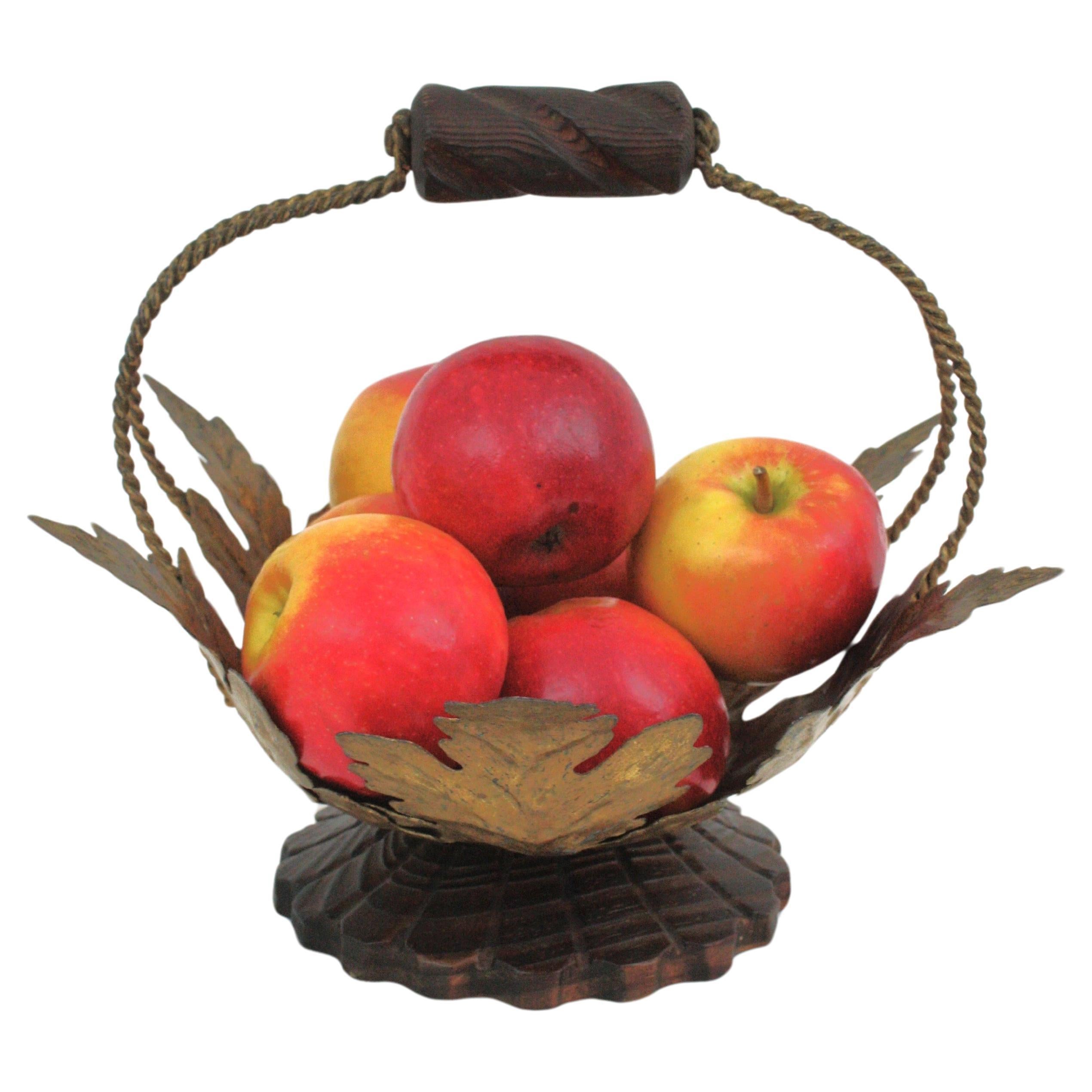 Spanish Colonial Spanish Foliage Centerpiece Basket Bowl in Gilt Iron & Wood For Sale