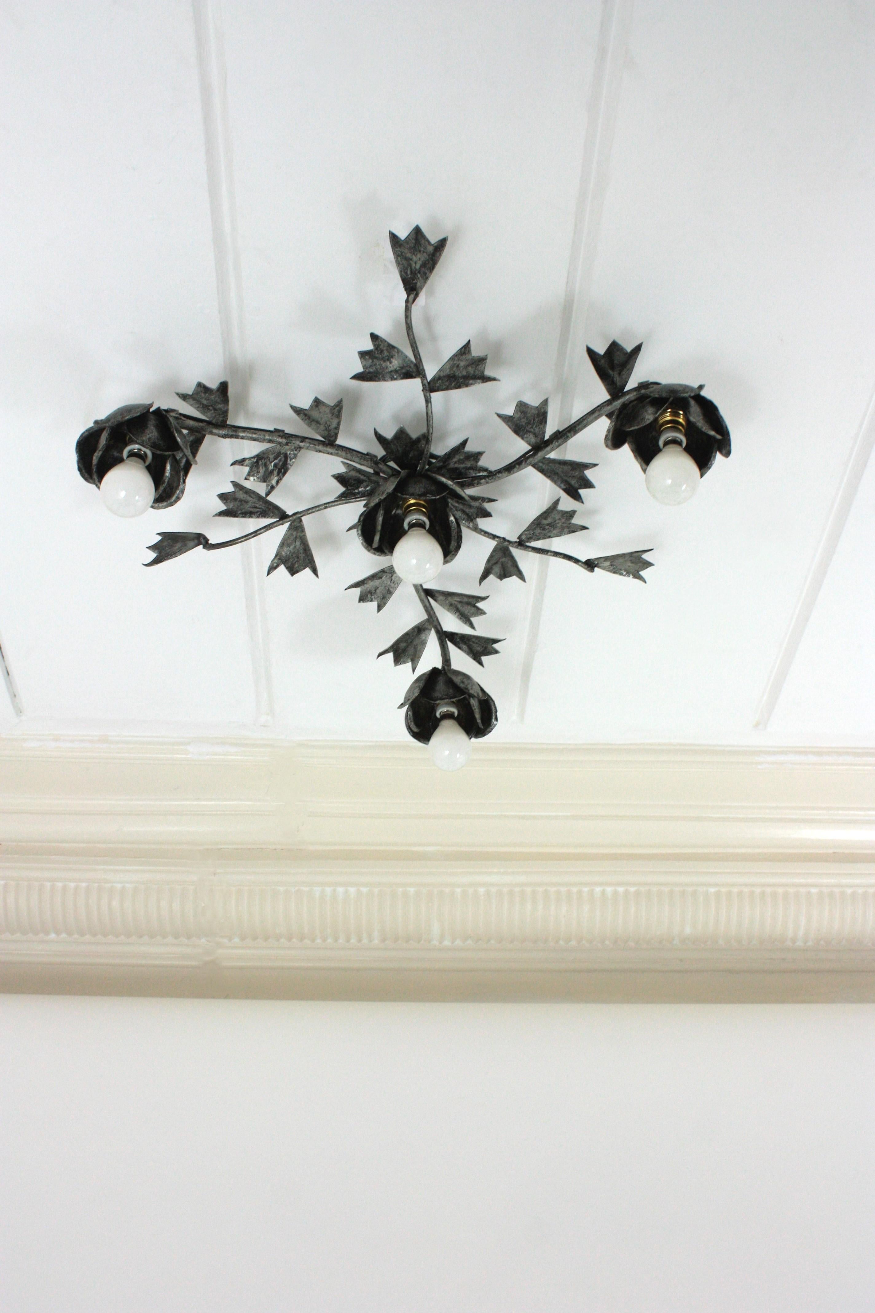 Spanish Foliage Floral Starburst Light Fixture / Chandelier in Silvered Iron For Sale 5
