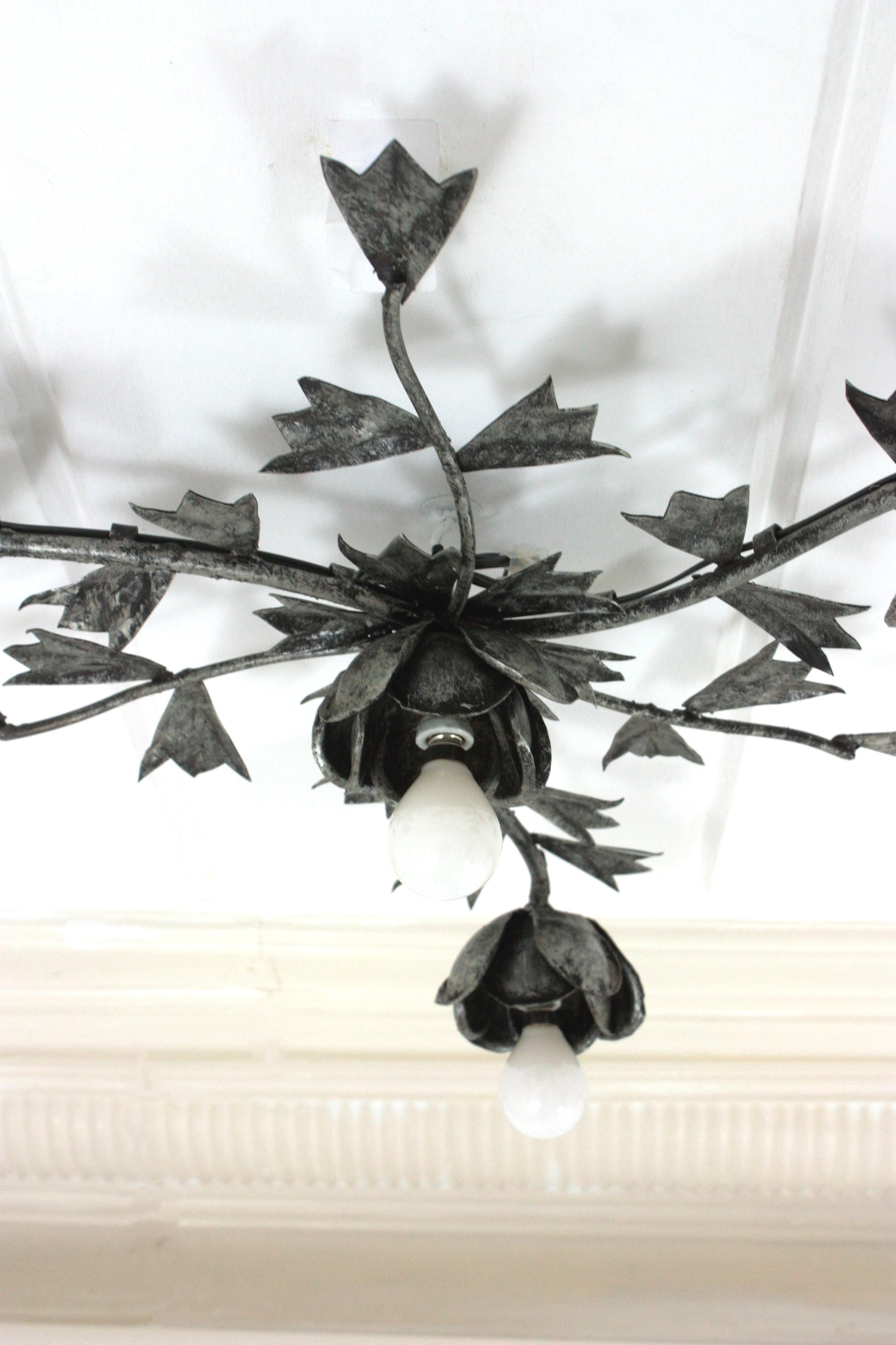 Spanish Foliage Floral Starburst Light Fixture / Chandelier in Silvered Iron For Sale 6