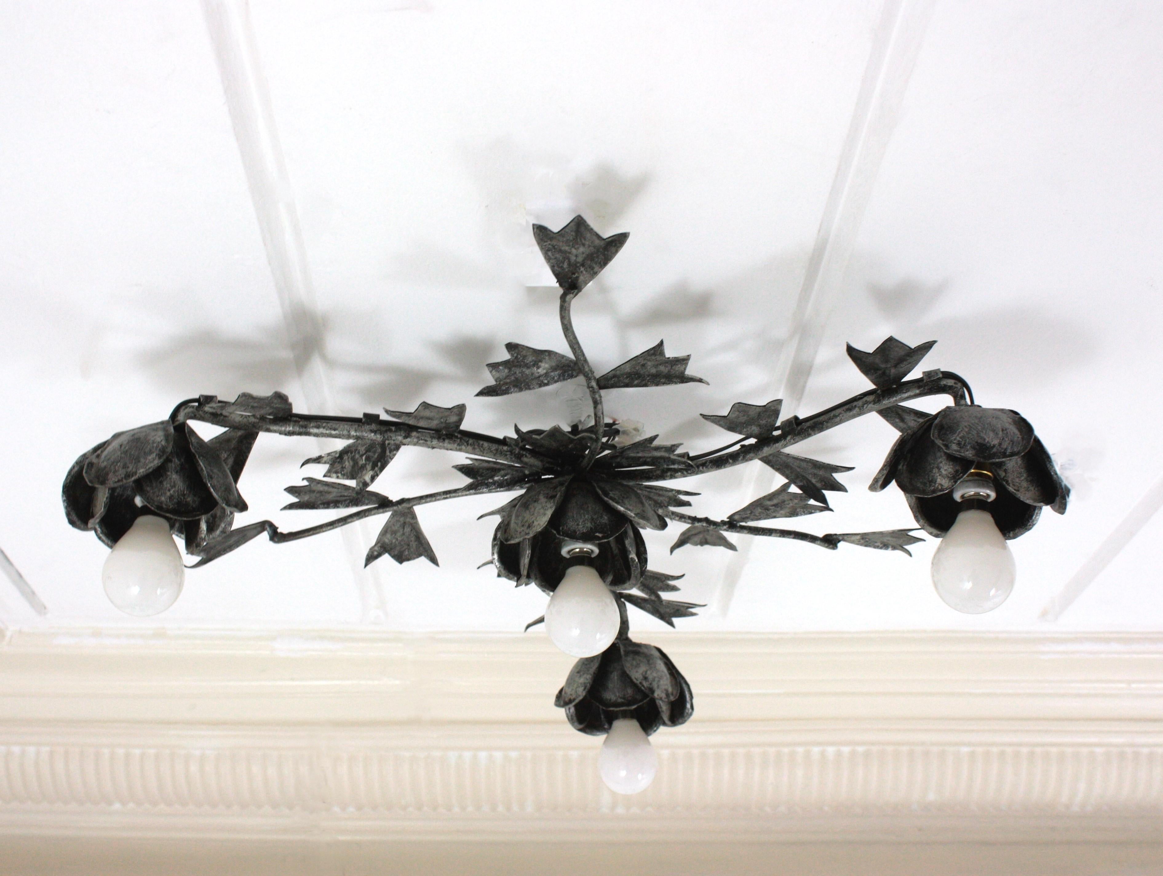 Spanish Foliage Floral Starburst Light Fixture / Chandelier in Silvered Iron For Sale 11