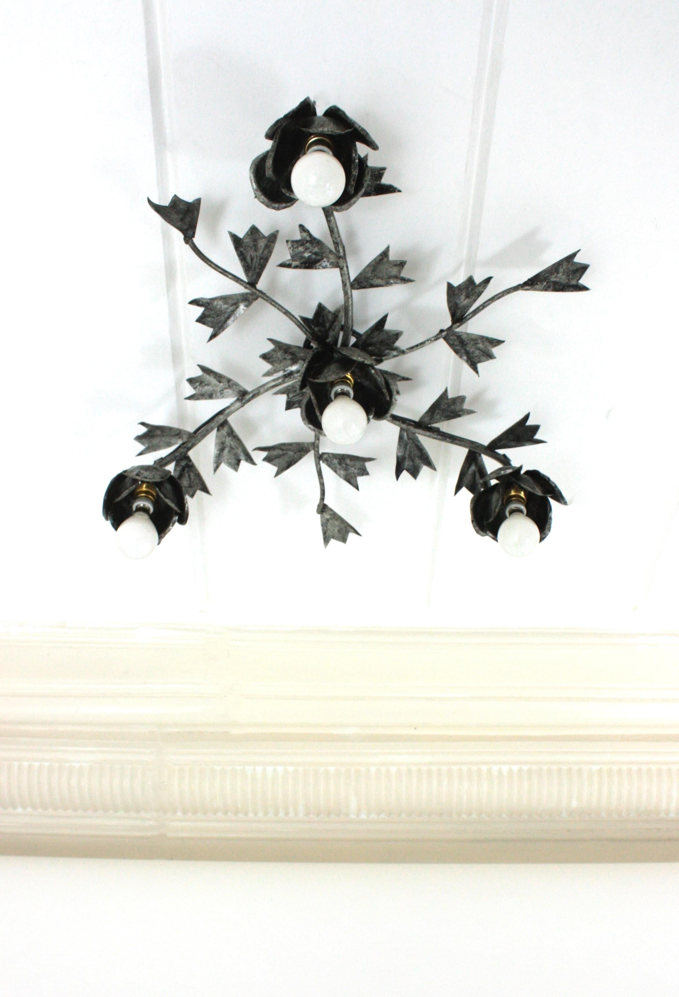 Gilt Spanish Foliage Floral Starburst Light Fixture / Chandelier in Silvered Iron For Sale