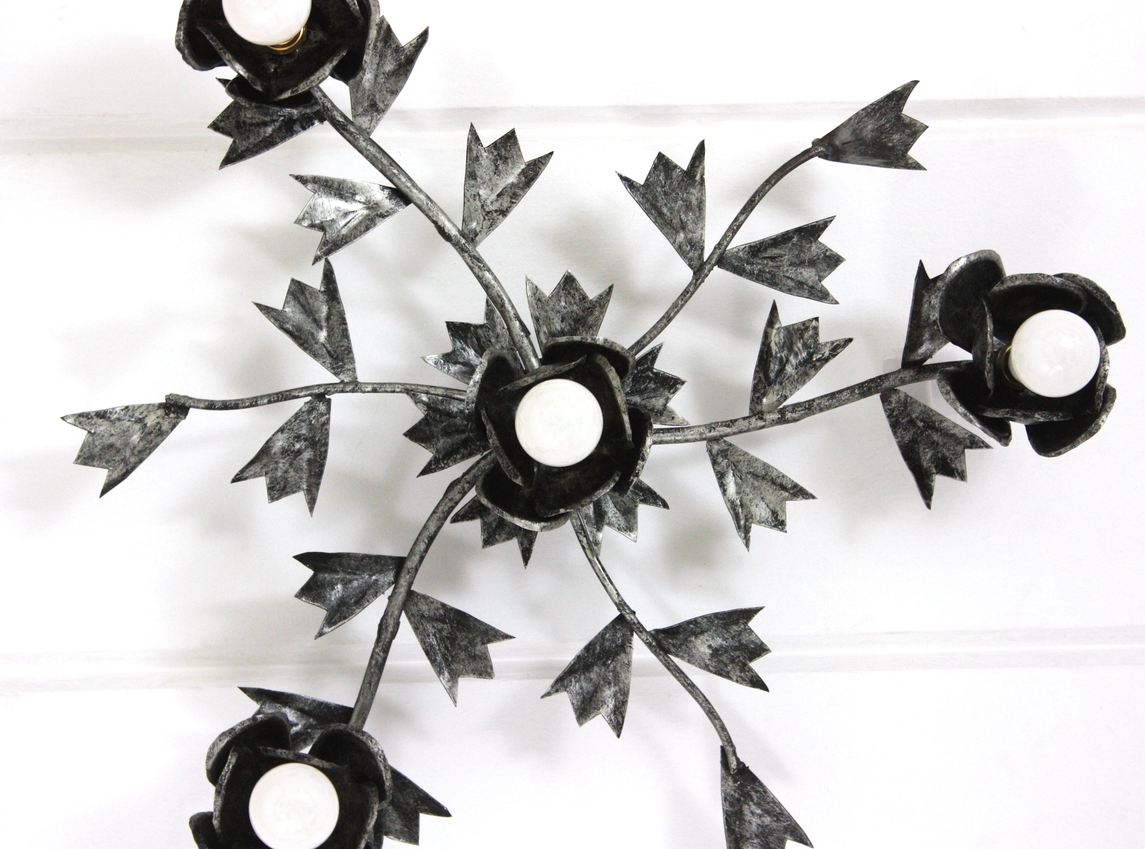 20th Century Spanish Foliage Floral Starburst Light Fixture / Chandelier in Silvered Iron For Sale
